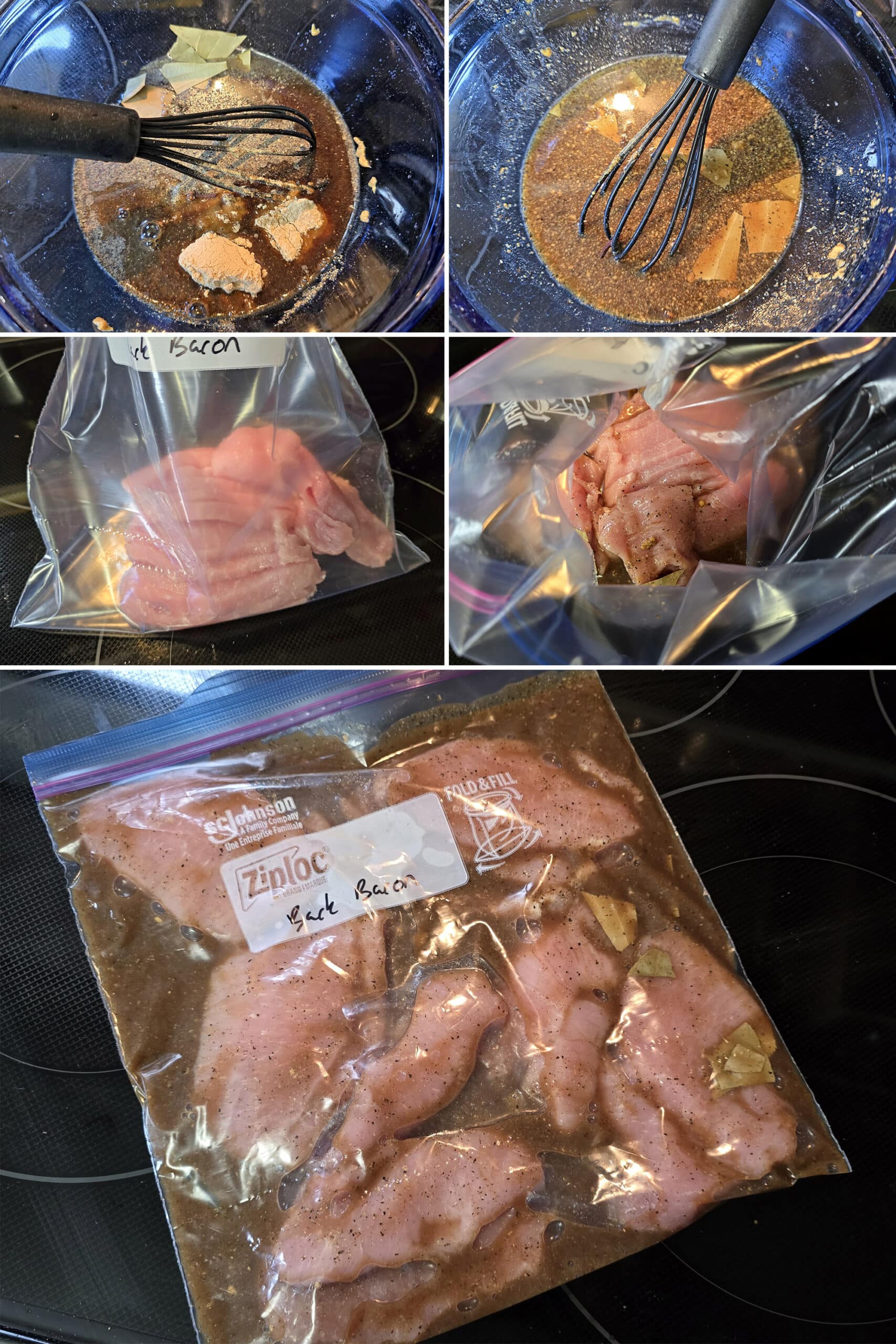 5 part image showing the pork jerky marinade being mixed and poured into a bag of pork loin slices.