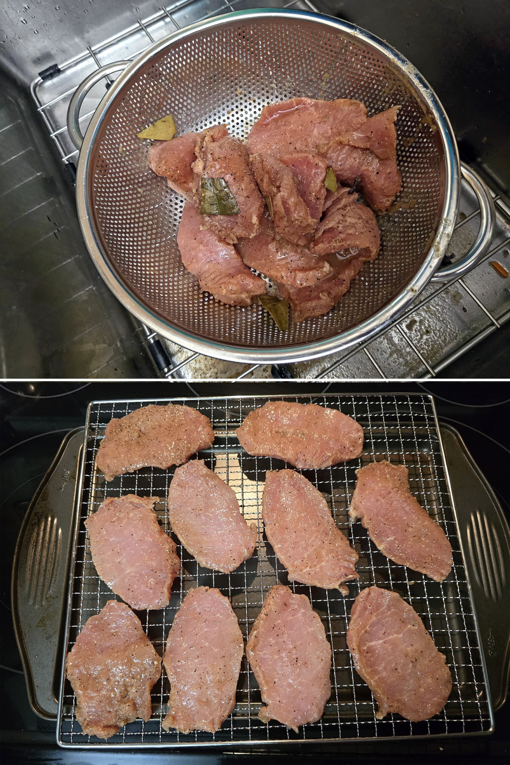 2 part image showing the marinated pork loin slices being drained and arranged on a wire rack.