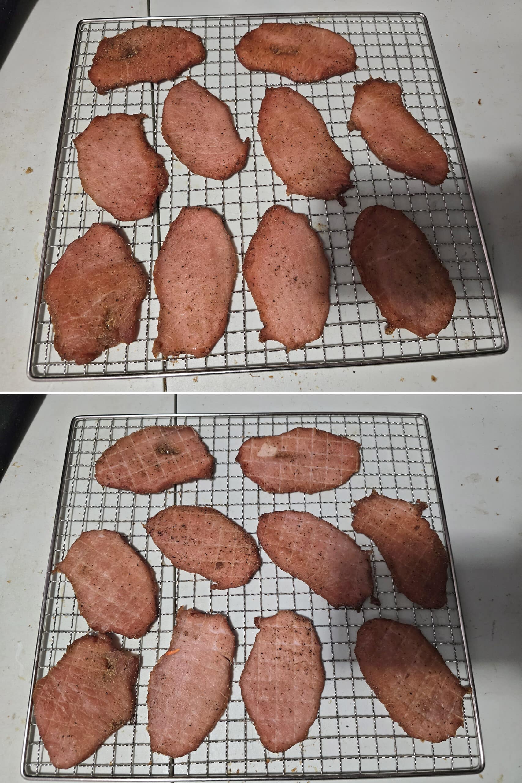 2 part image showing a wire rack of back bacon jerky before and after flipping each piece.