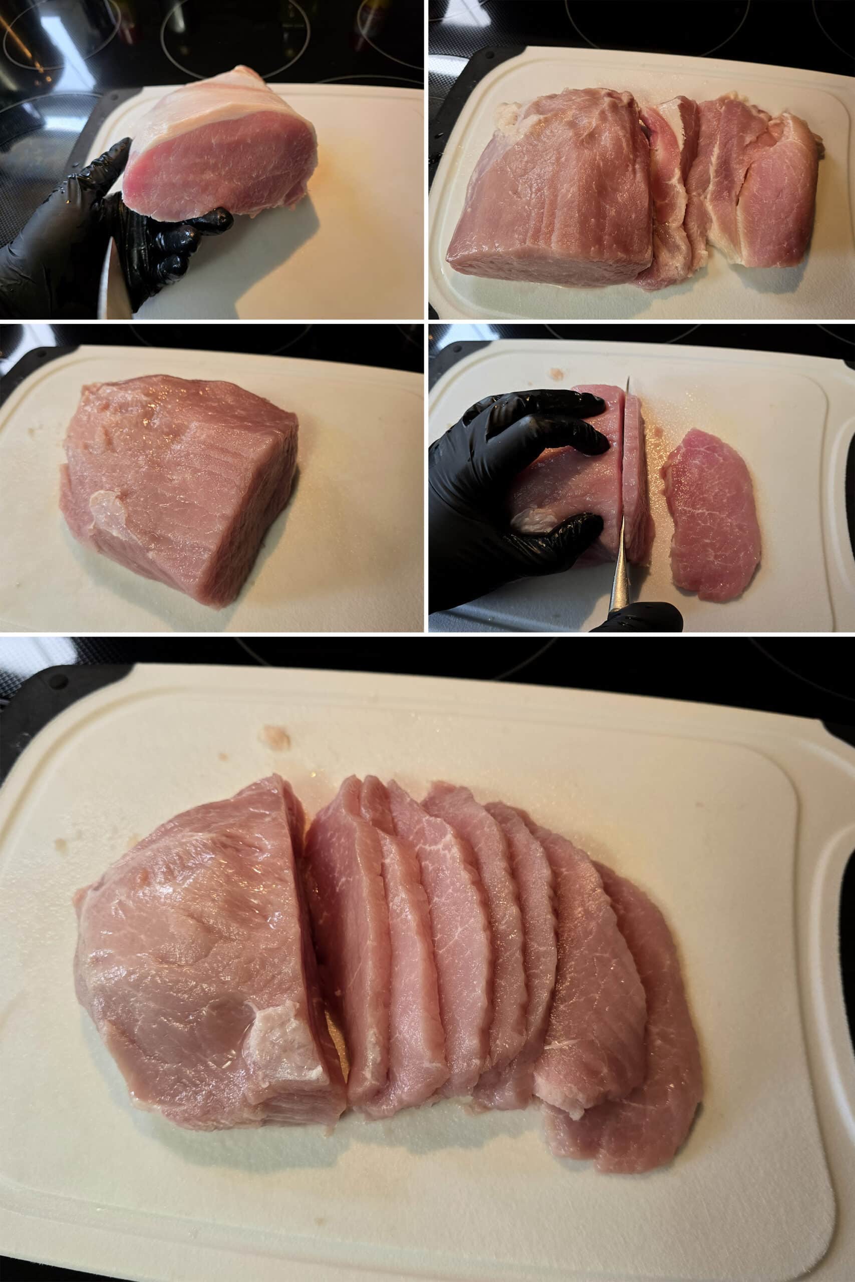 5 part image showing a pork loin being trimmed of all visible fat then sliced.