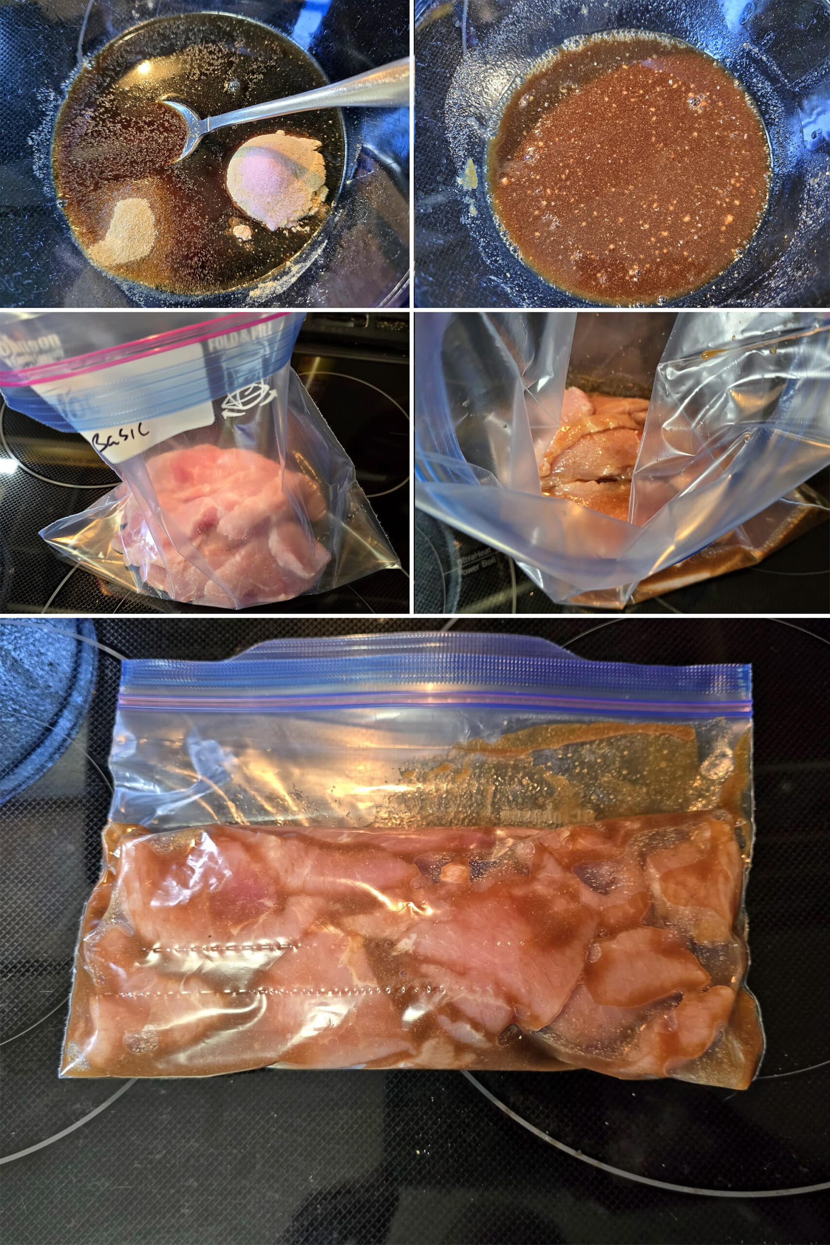 5 part image showing the pork marinade being whisked together and poured over the pork slices in a ziplock baggie.