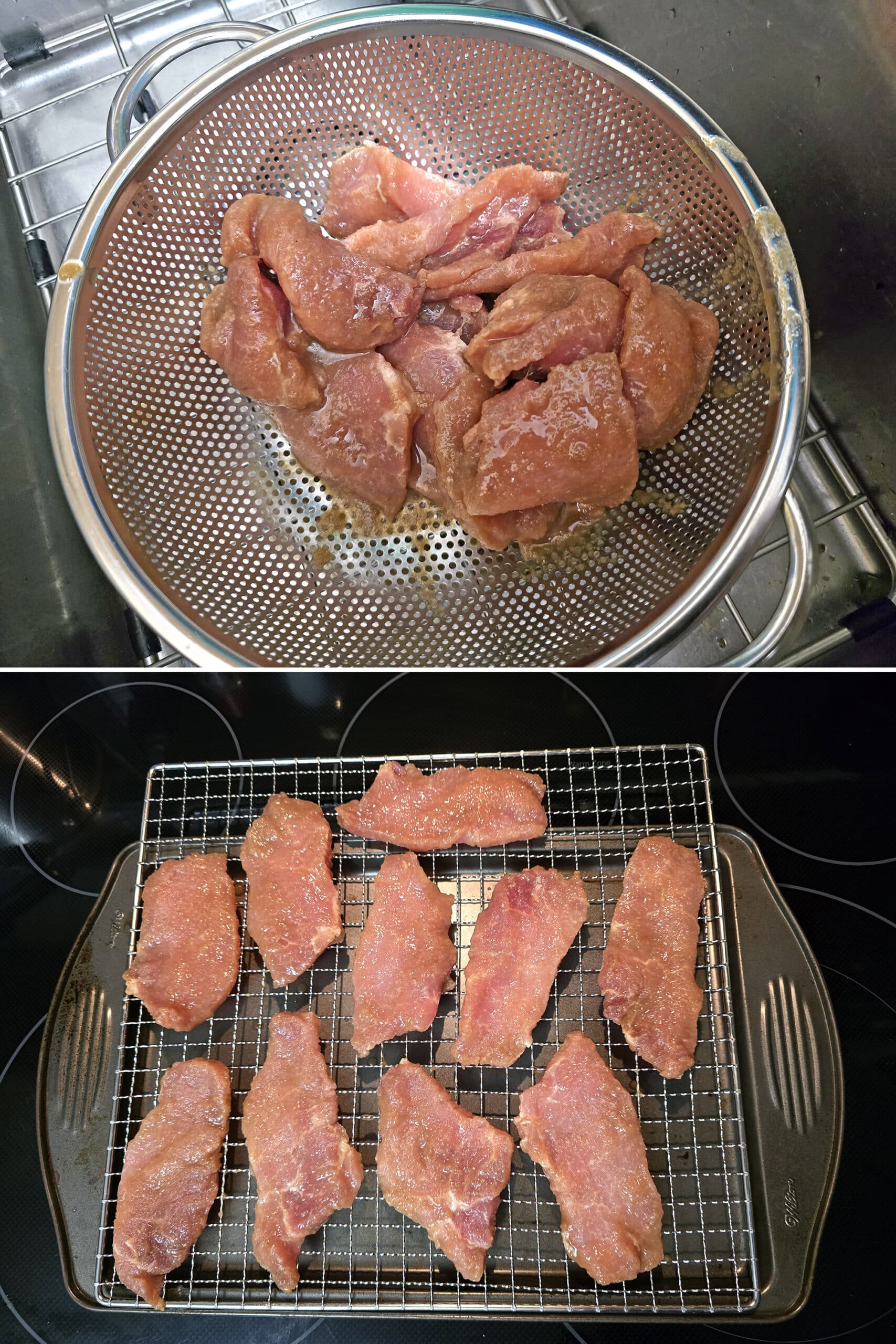 2 part image showing the marinated pork loin slices draining and being arranged on a wire rack.