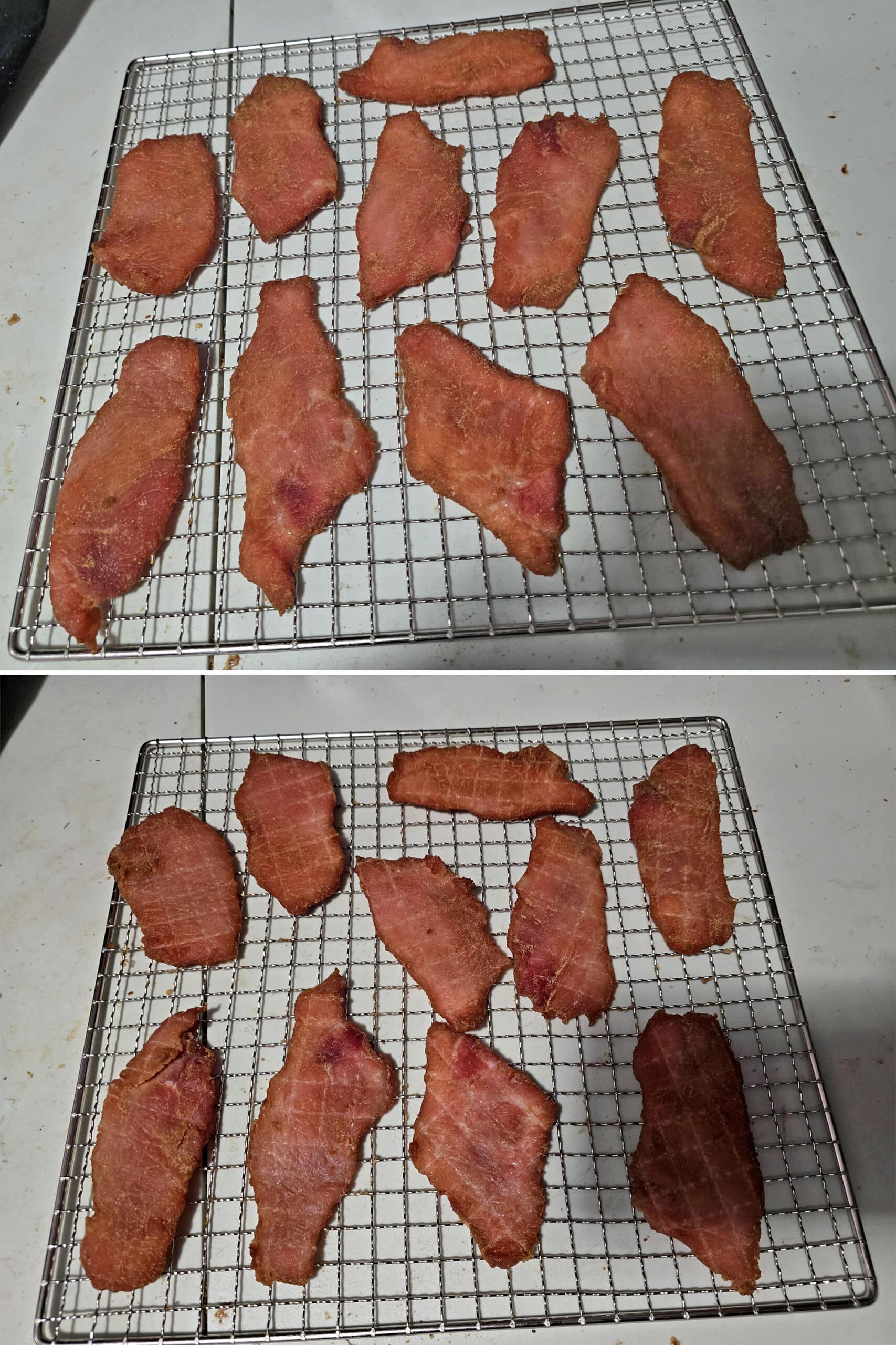 2 part image showing a wire rack of pork jerky before and after flipping the slices.