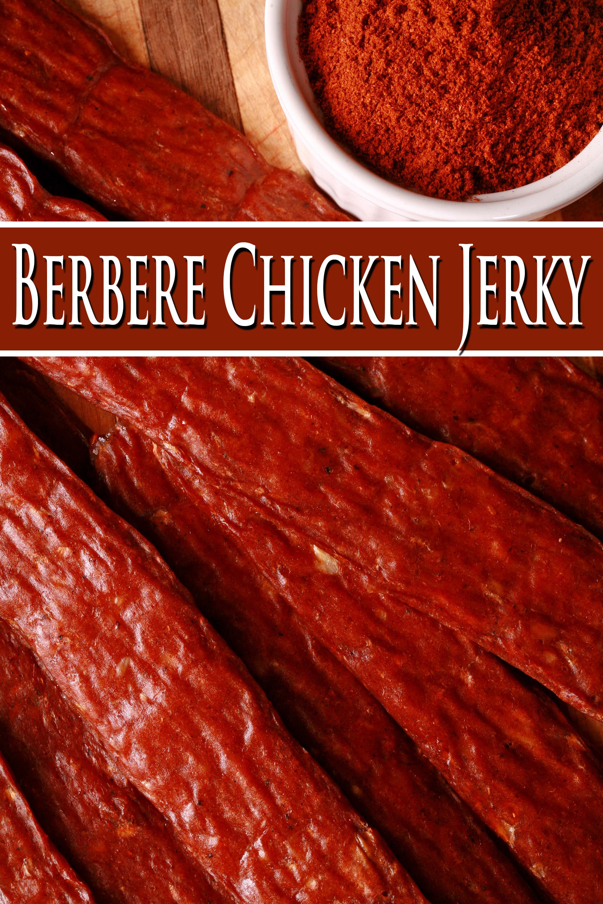 Several strips of berbere ground chicken jerky on a cutting board with a ramekin of berbere seasoning. Overlaid text says berbere chicken jerky.