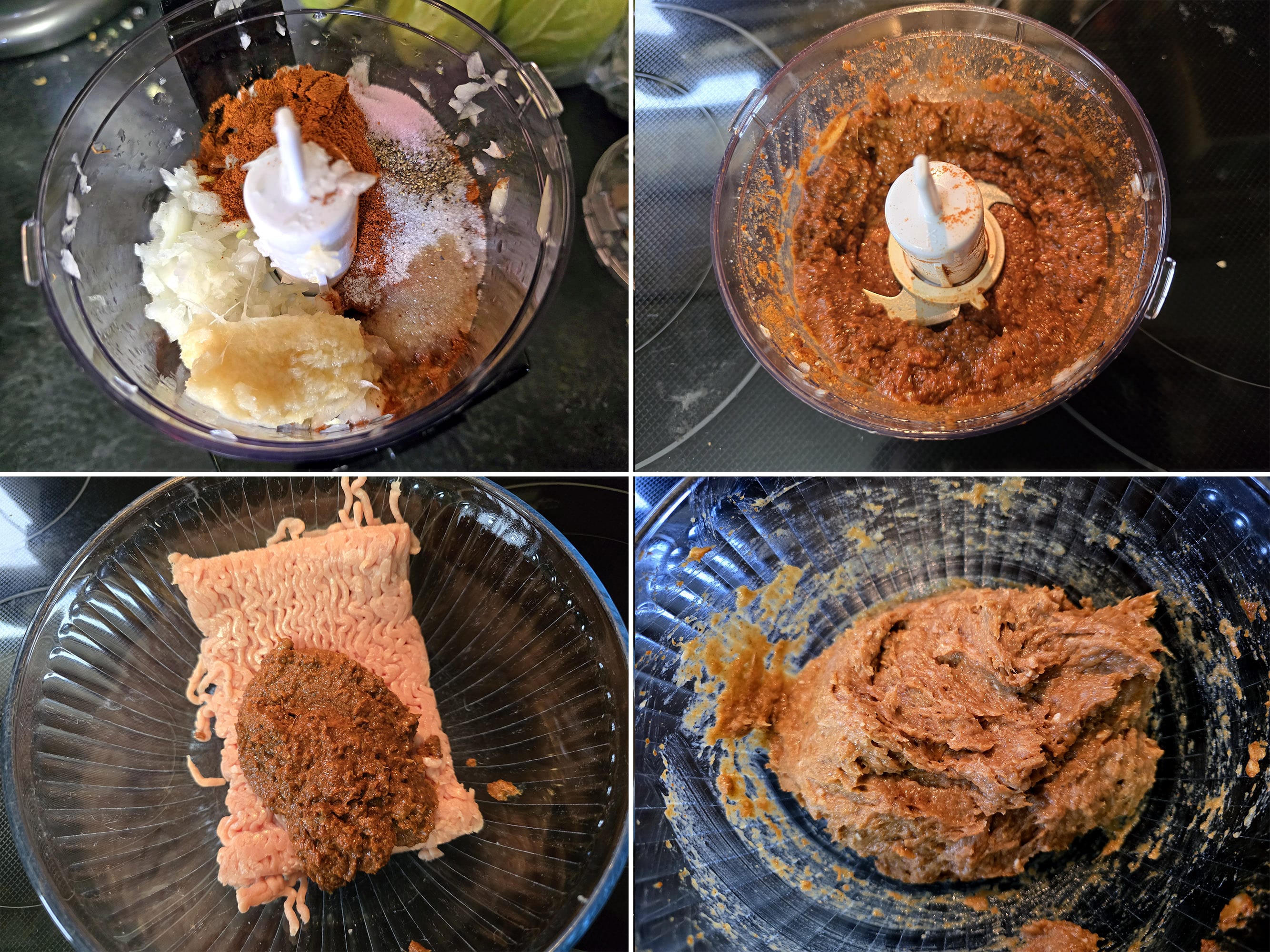 4 part image showing the onions and seasonings being pureed in a mini food processor, then mixed into the ground chicken.