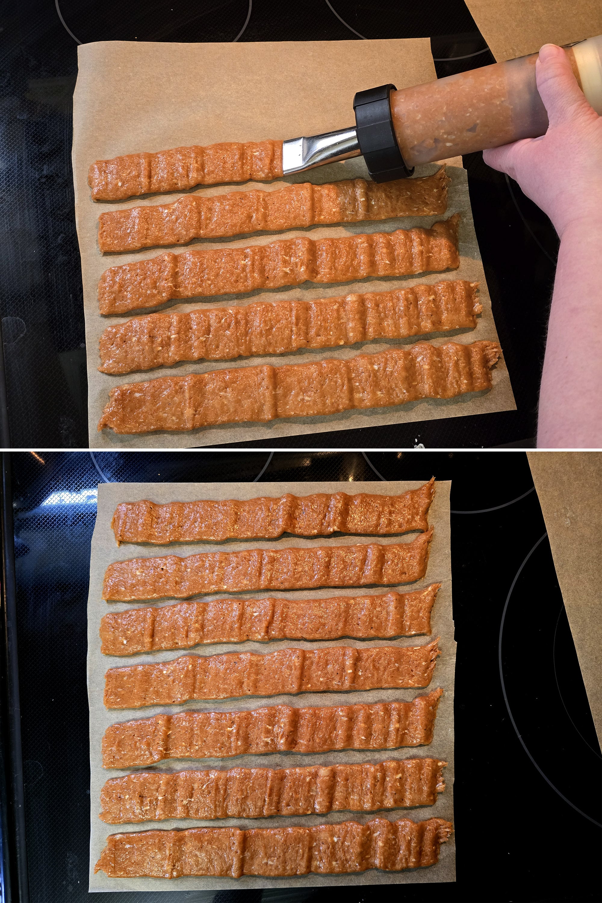 2 part image showing a jerky gun being used to pipe strips of ground chicken jerky onto parchment paper.