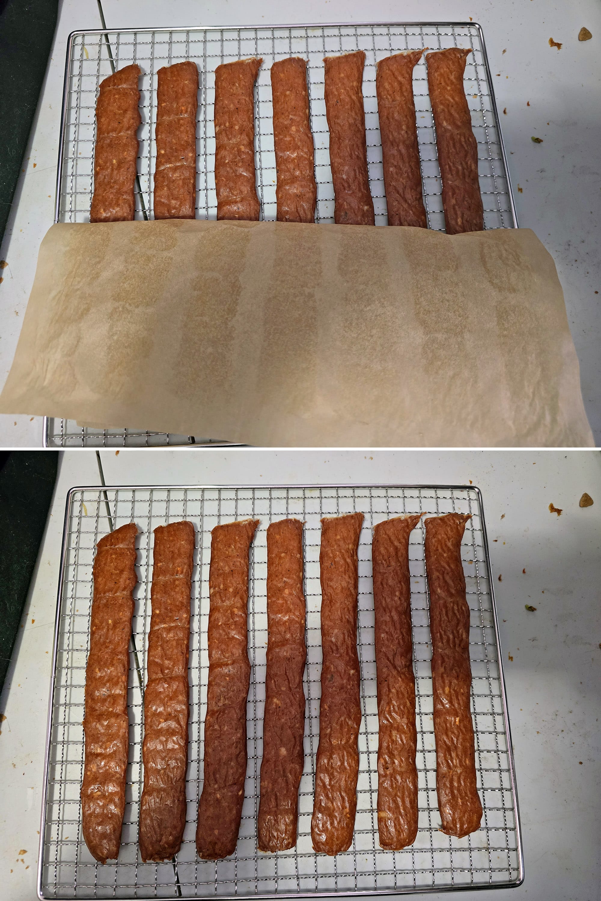 2 part image showing the ground chicken jerky being removed from the parchment and returned to the rack.