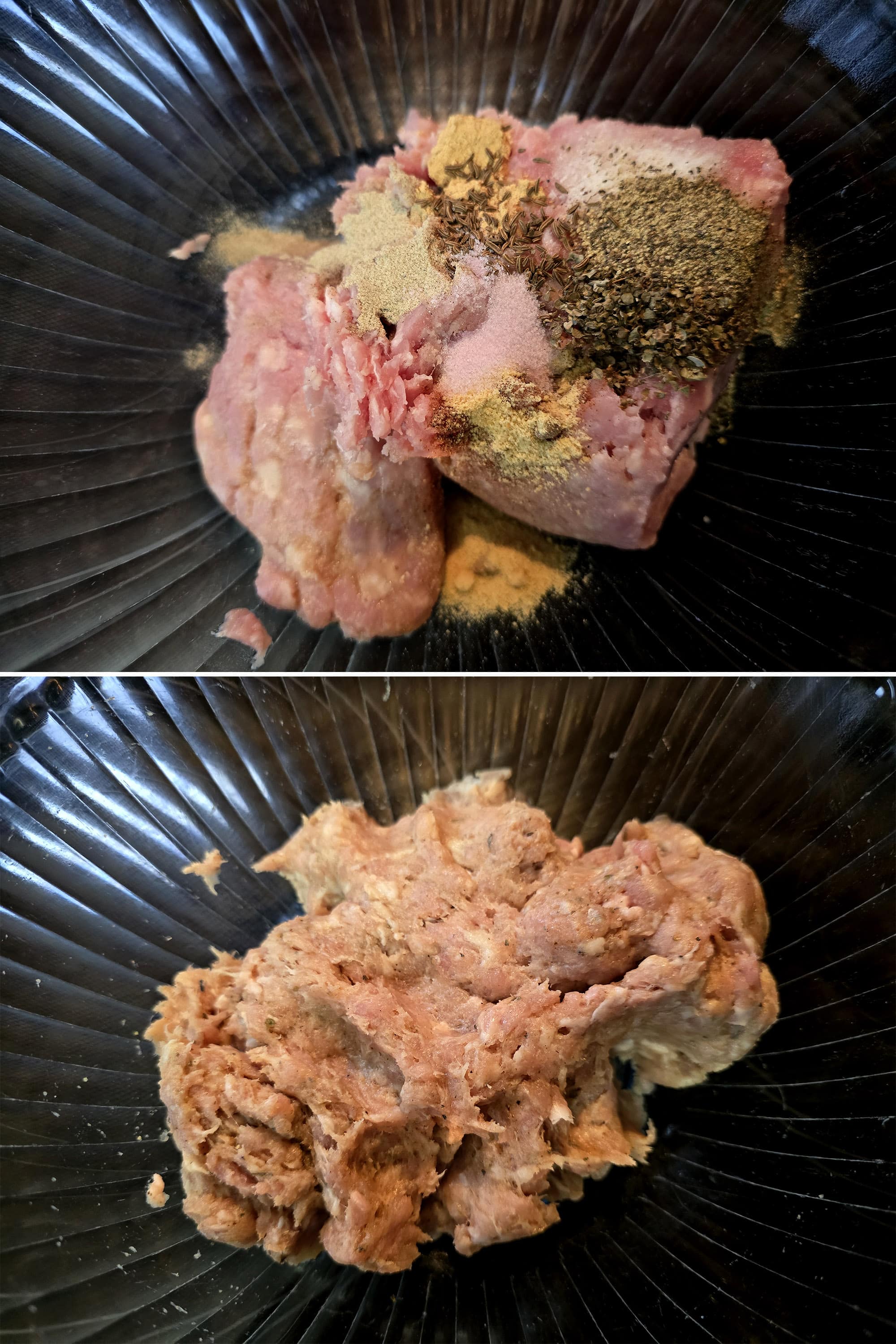2 part image showing all of the ground pork jerky ingredients being mixed in a bowl.