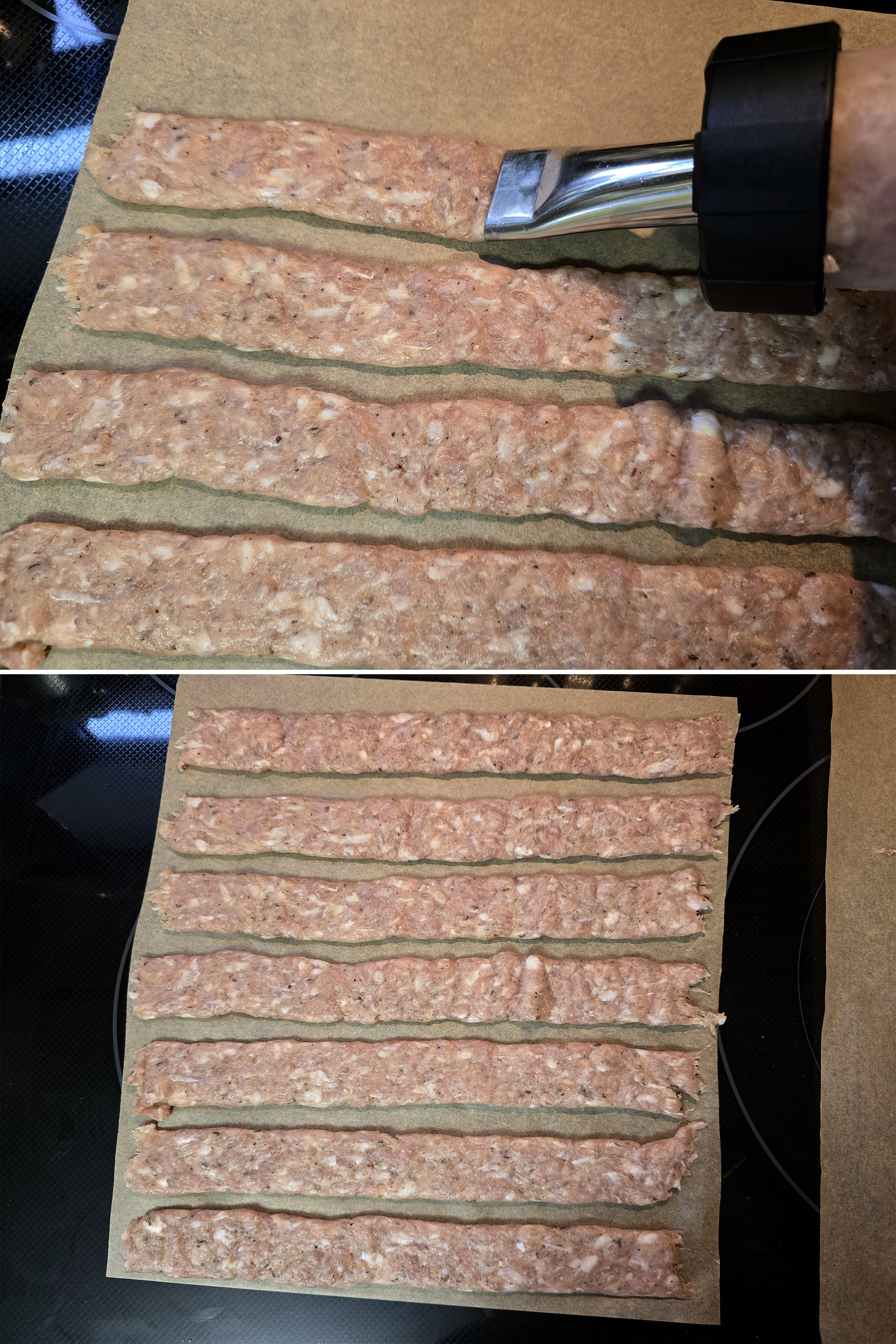 2 part image showing a jerky gun being used to pipe strips of ground pork jerky mixture onto parchment paper.