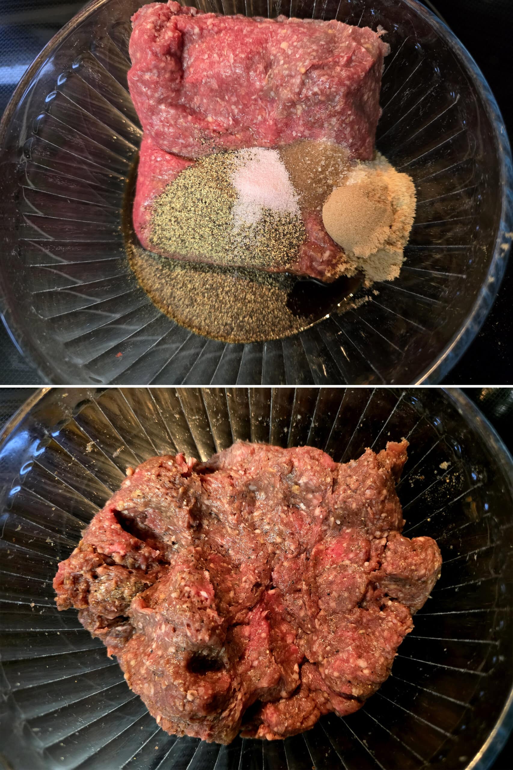 2 part image showing all of the peppered beef jerky ingredients being mixed in a bowl.