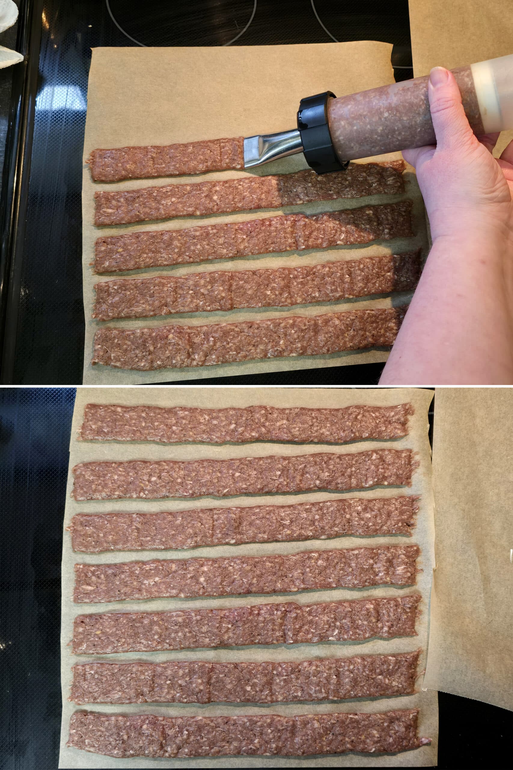 2 part image showing a jerky gun being used to pipe peppered ground beef strips onto parchment paper.