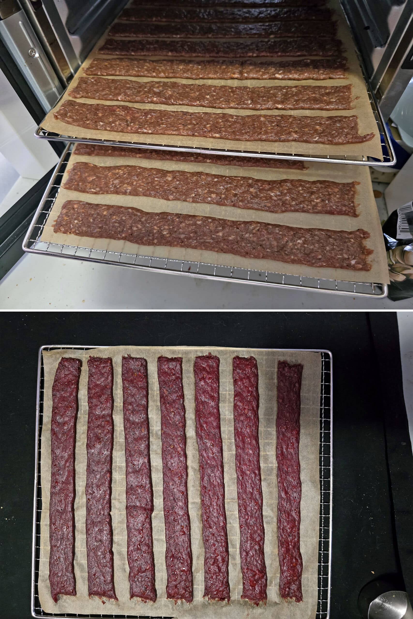 2 part image showing trays of homemade peppered beef jerky before and after dehydrating for 2 hours.