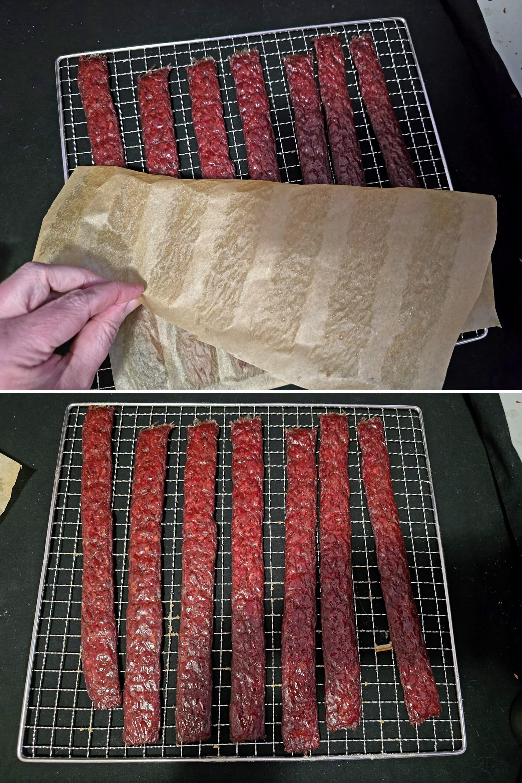 2 part image showing the peppered beef jerky being removed from parchment and returned to the tray.