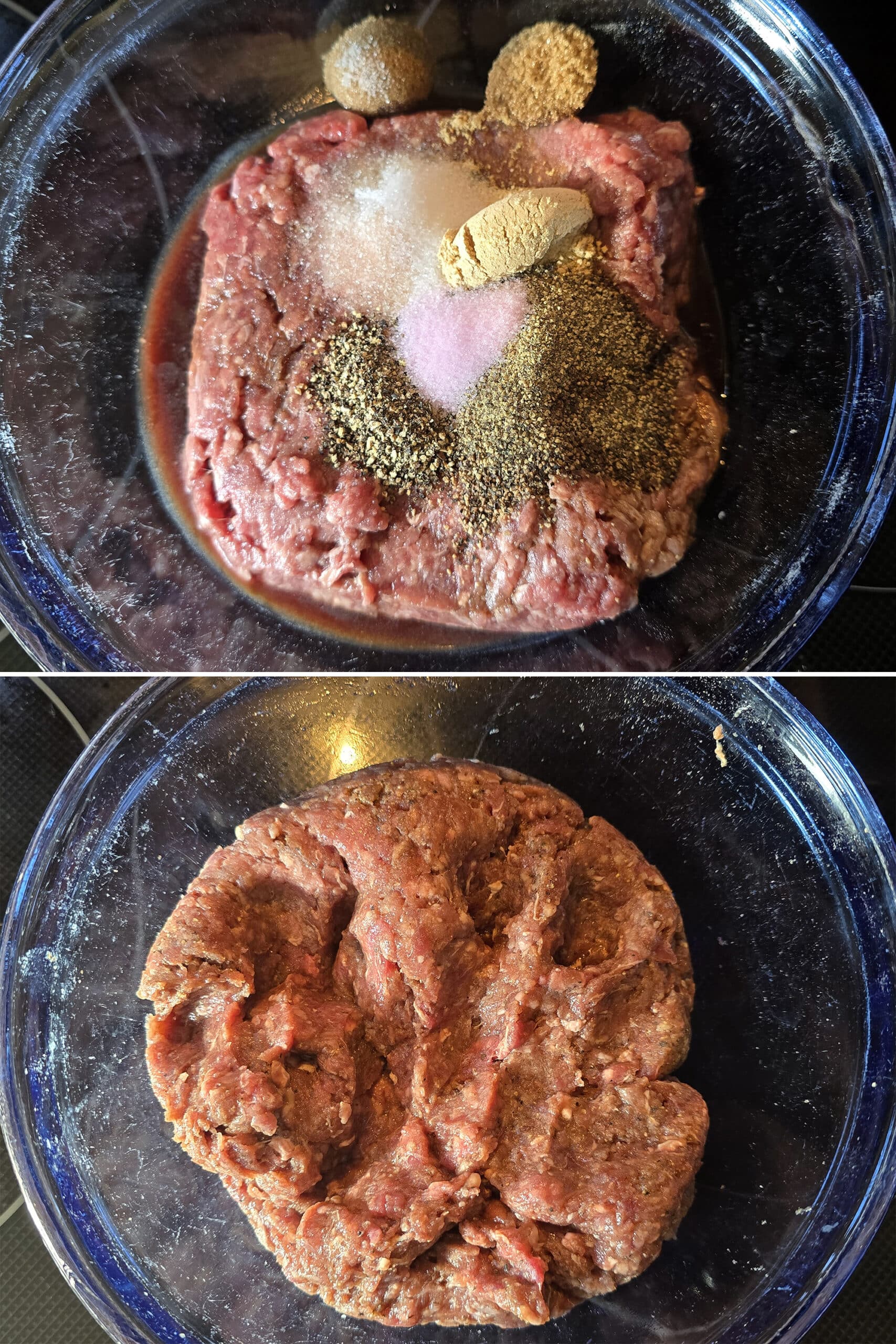 2 part image showing all of the jerky ingredients being mixed together.