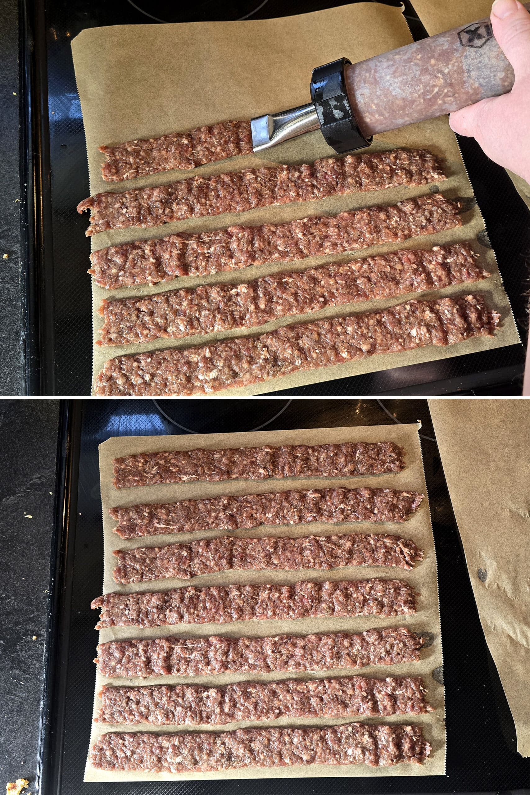 2 part image showing the peppered ground venison mixture being piped onto parchment paper sheets.