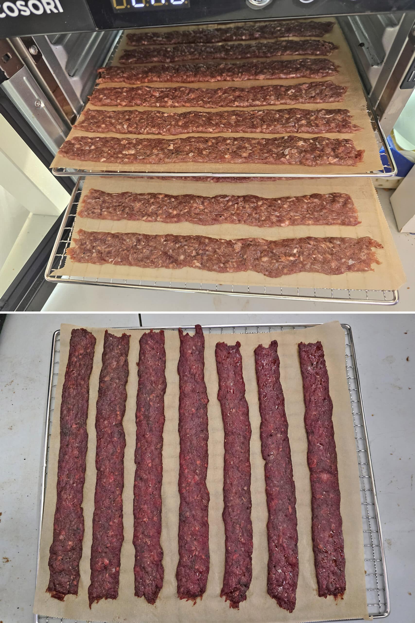 2 part image showing a rack of peppered ground venison jerky before and after the first round of drying.