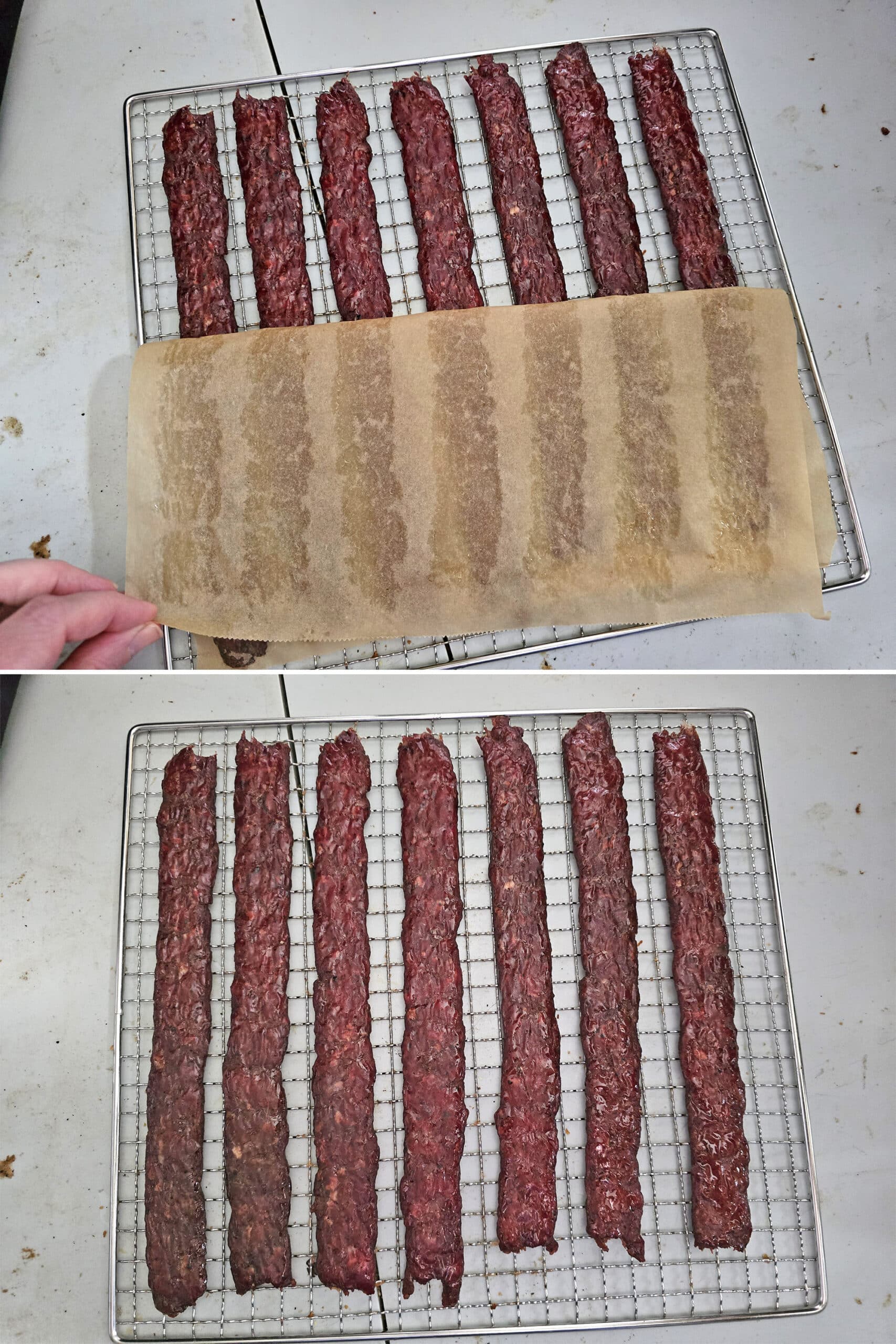 2 part image showing a sheet of peppered ground venison jerky being flipped and the parchment peeled off the jerky strips.