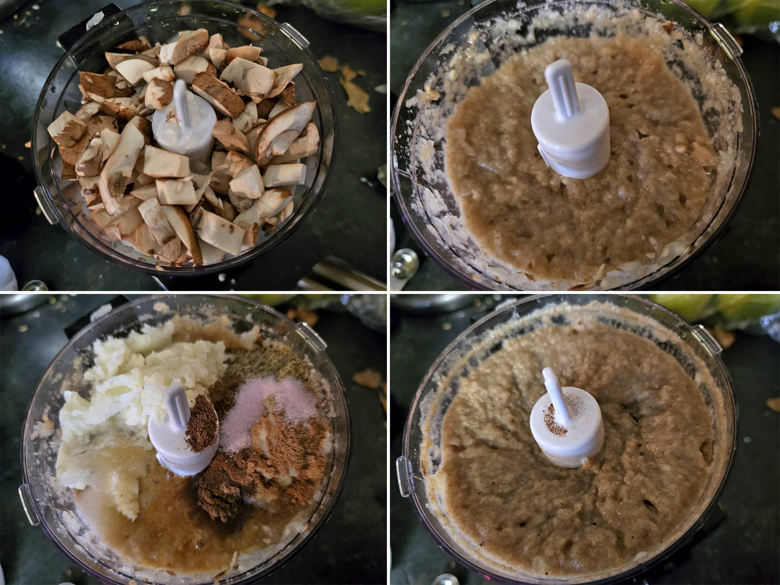 4 part image showing mushrooms and onions being pureed, then the rest of the ingredients mixed in.