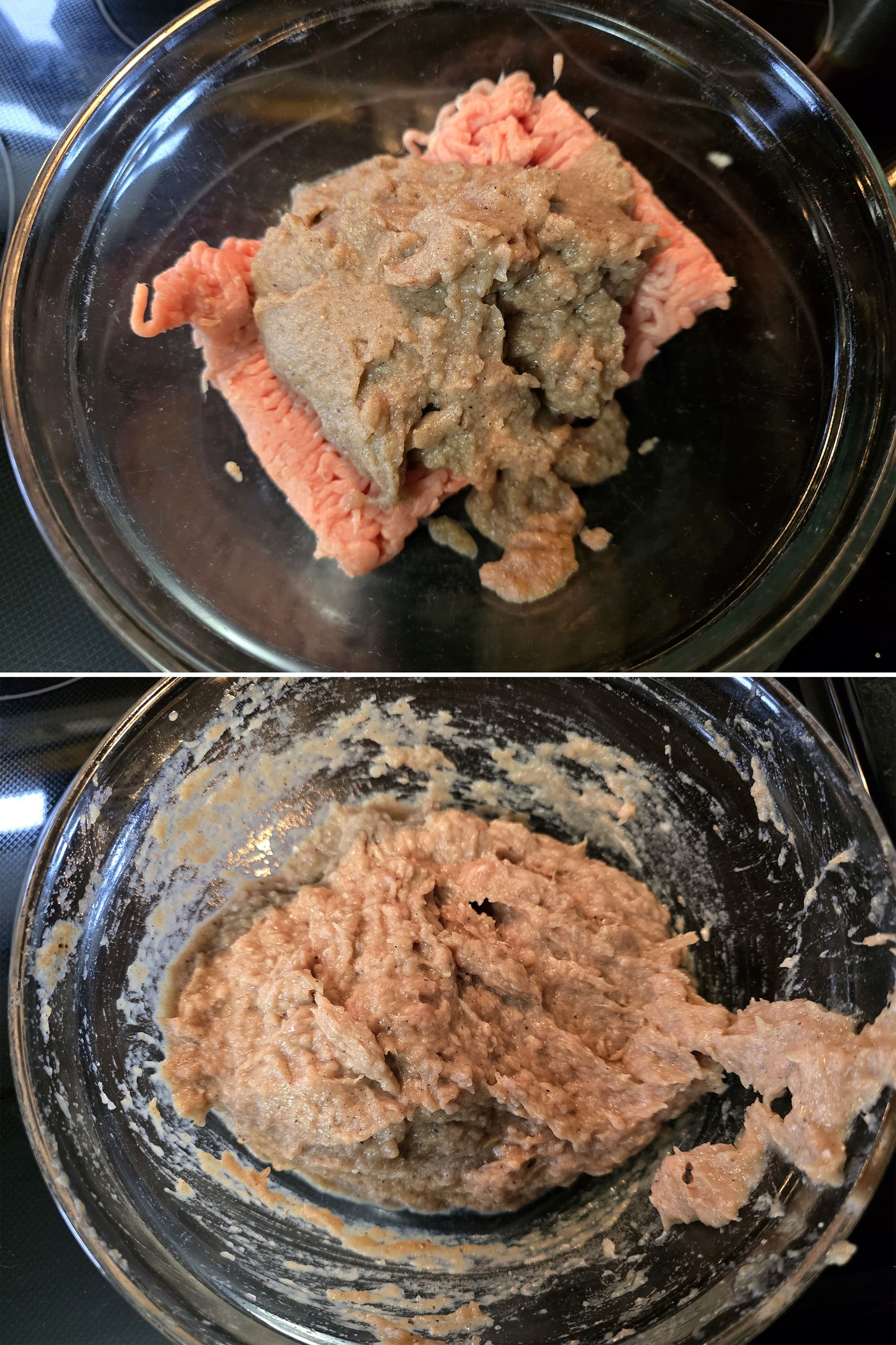 2 part image showing the mushroom mixture being mixed into the ground chicken.