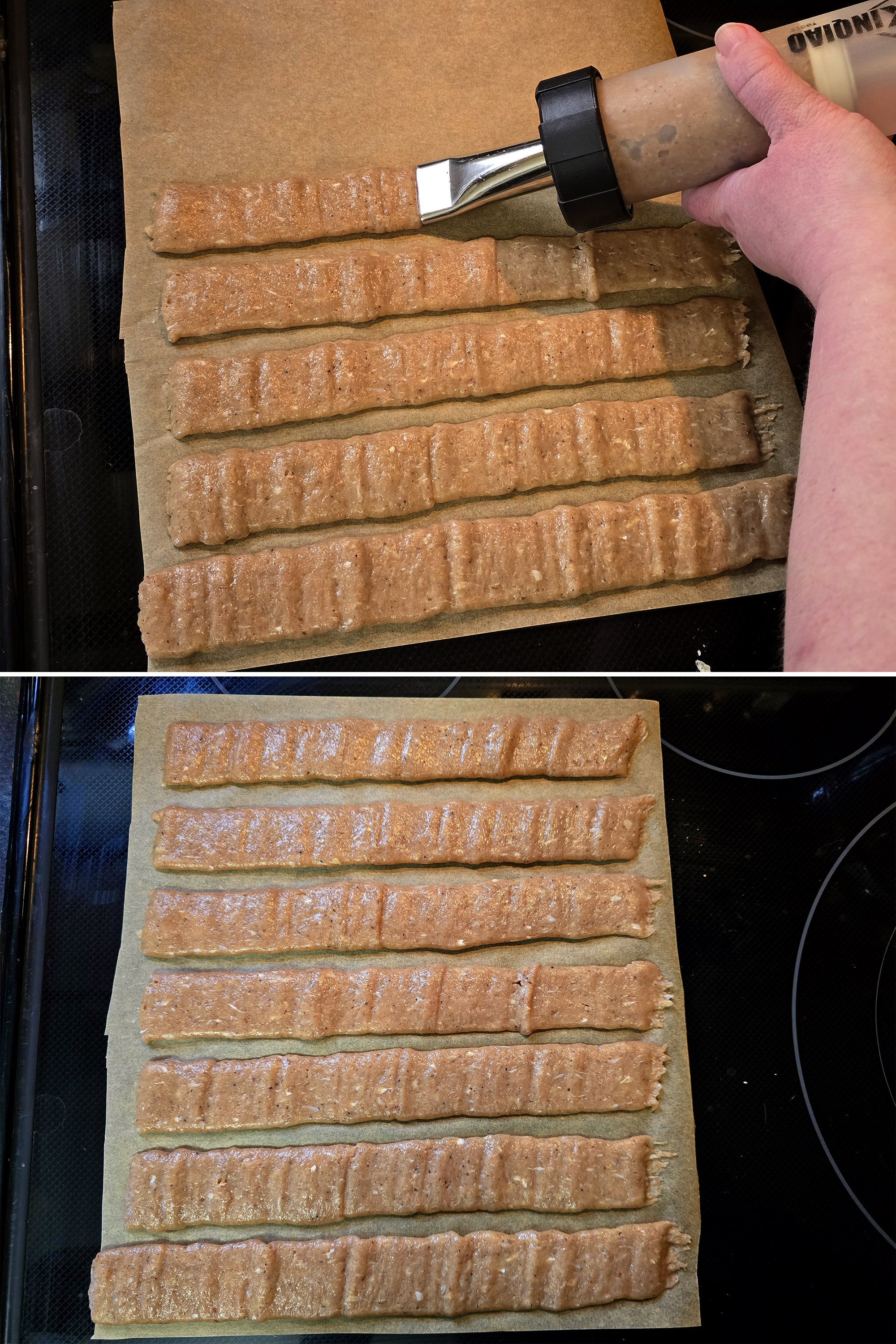 2 part image showing a jerky gun being used to pipe strips of the swedish potato sausage jerky onto parchment.
