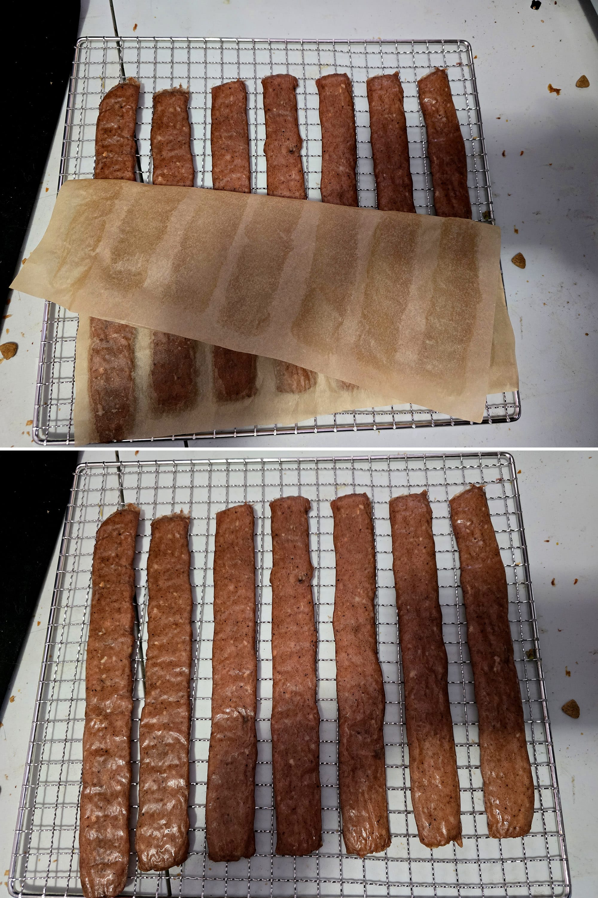 2 part image showing the jerky strips being removed from the parchment paper and put back on the rack.