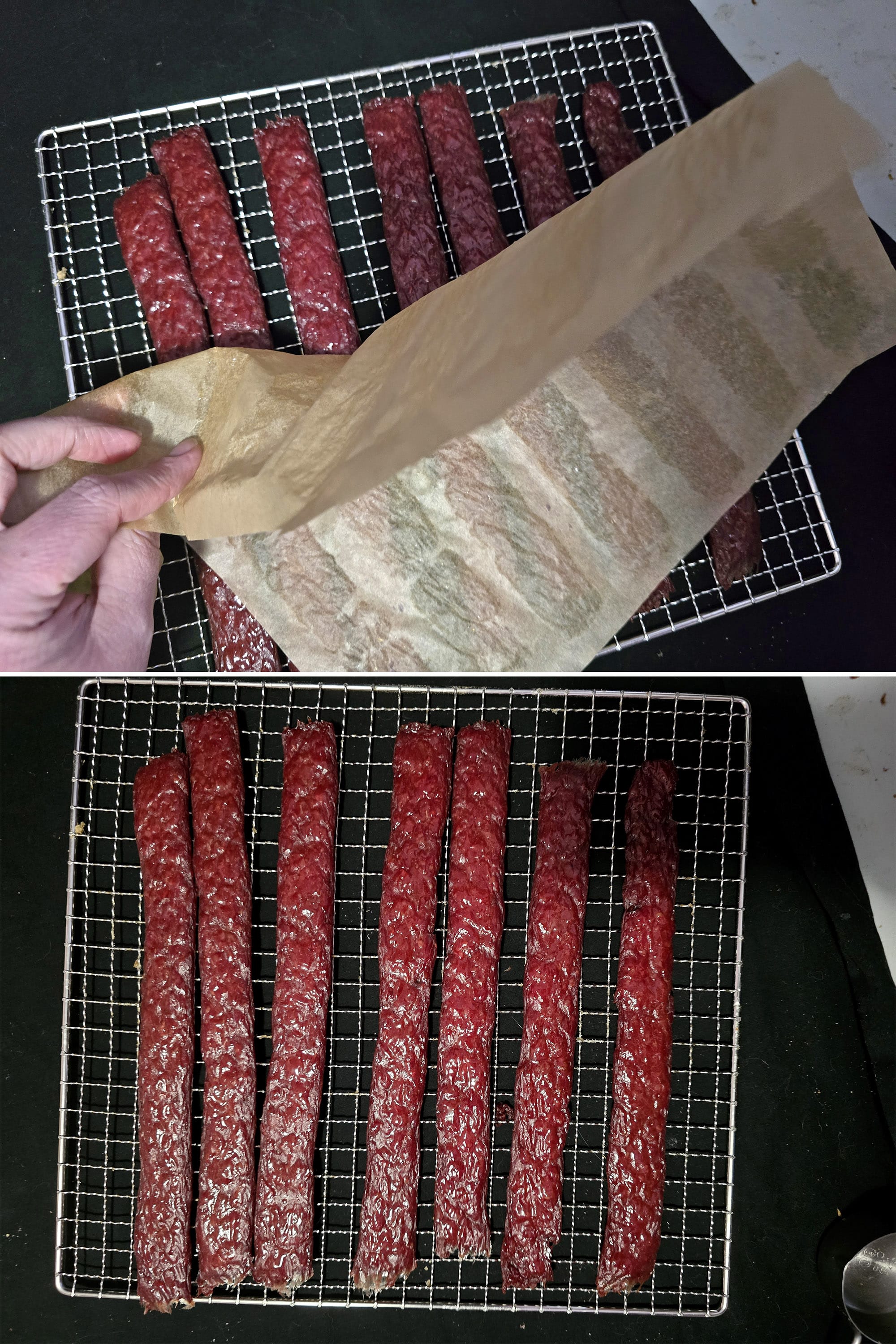 2 part image showing a sheet of teriyaki beef jerky being flipped back over onto a rack and the parchment peeled off.