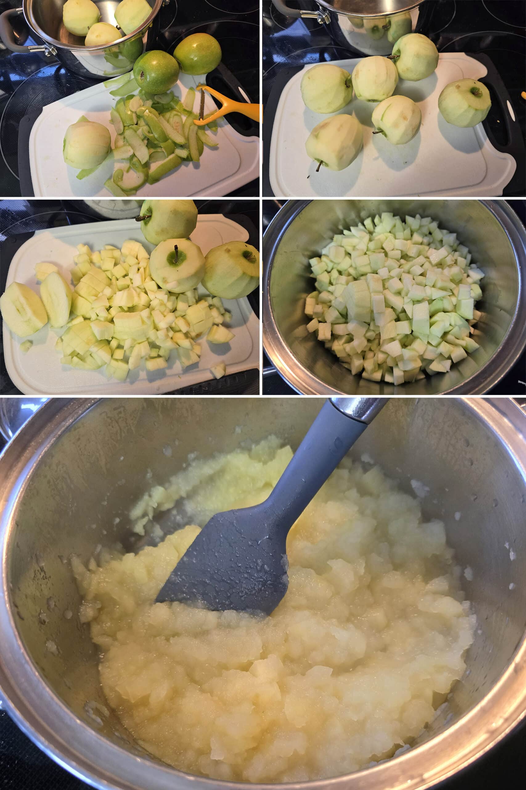 5 part image showing apples being peeled, chopped, and cooked to a mushy consistency.
