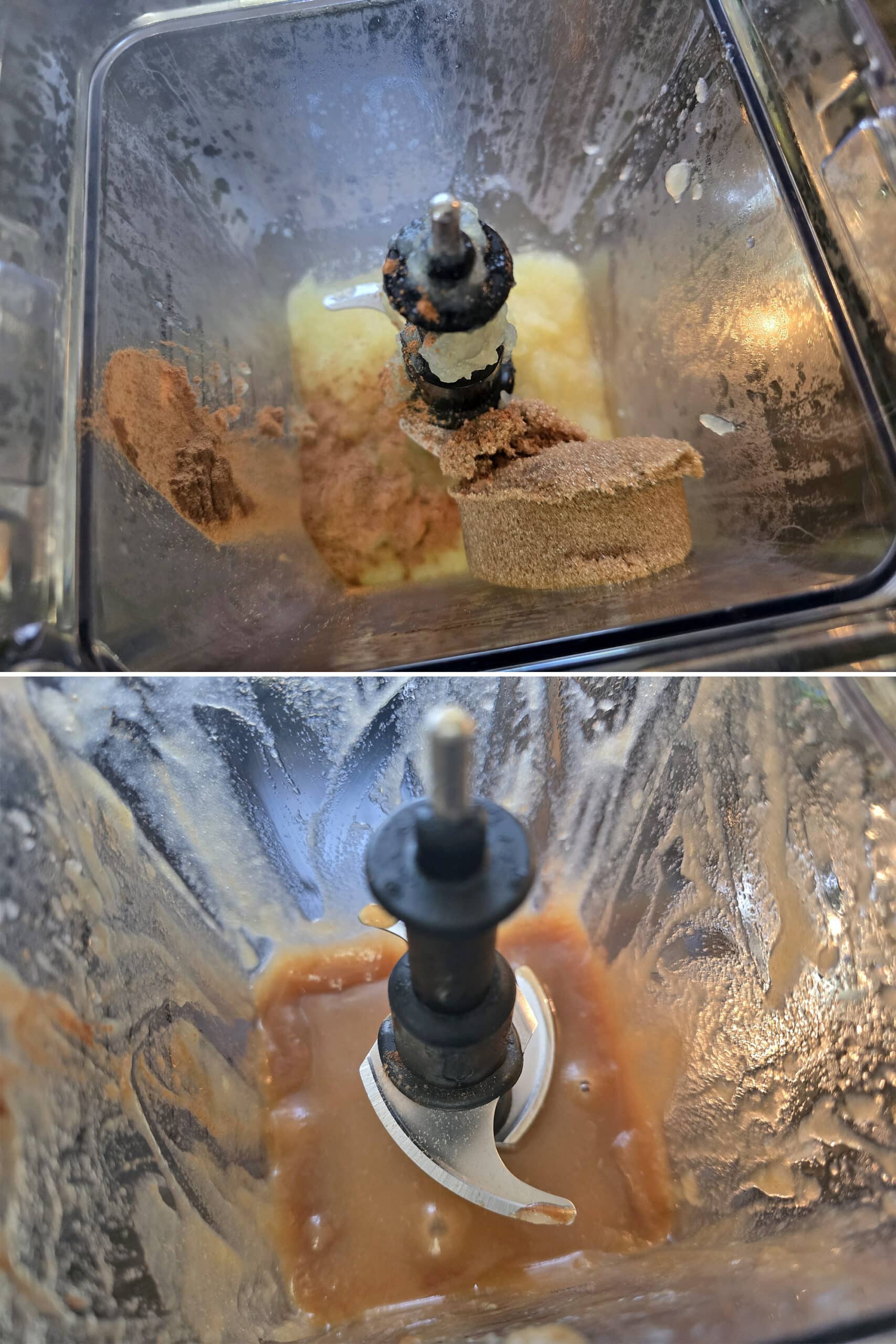 2 part image showing the apples being pureed with brown sugar