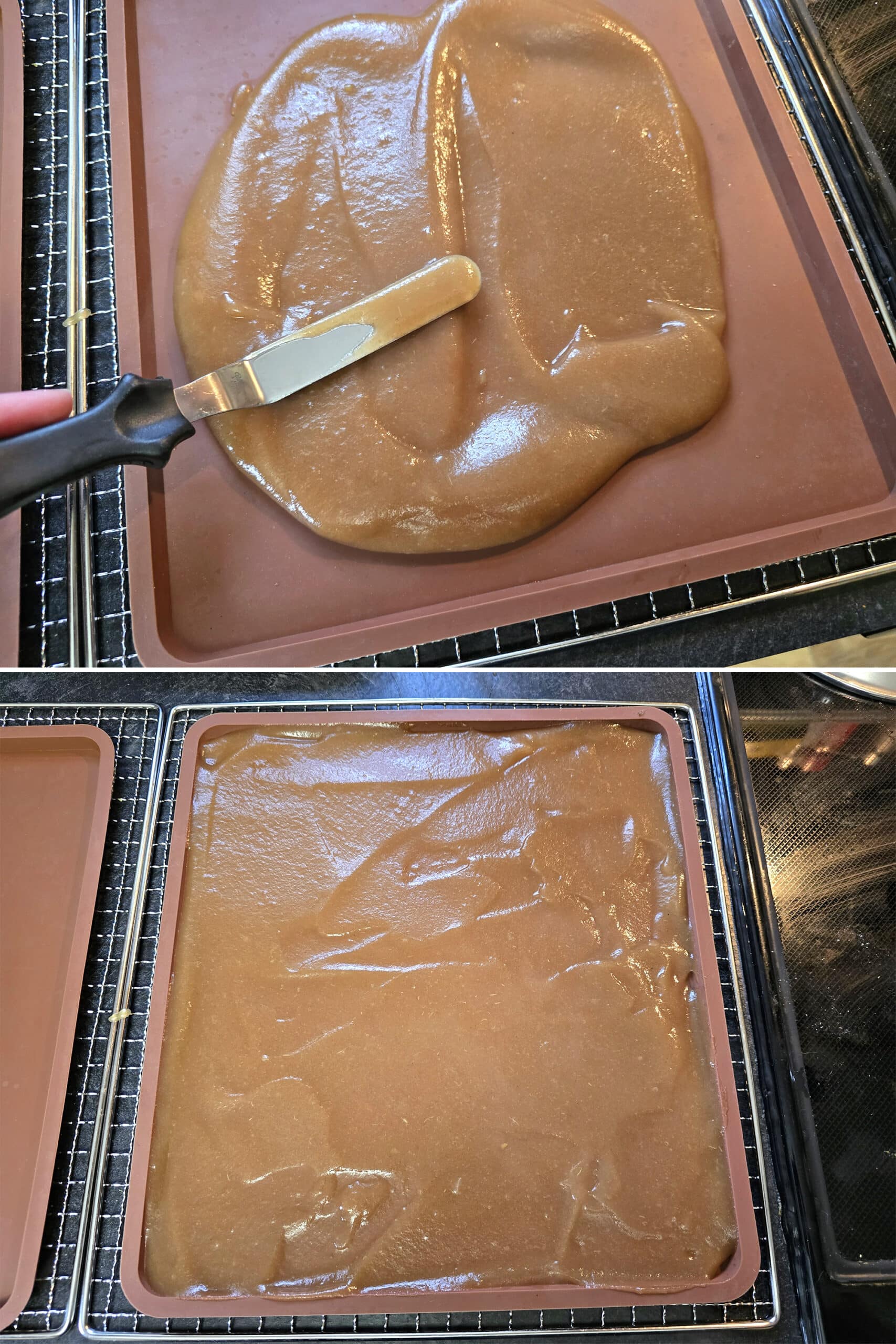 2 part image showing the seasoned apple puree being spread in a rimmed dehydrator pan.