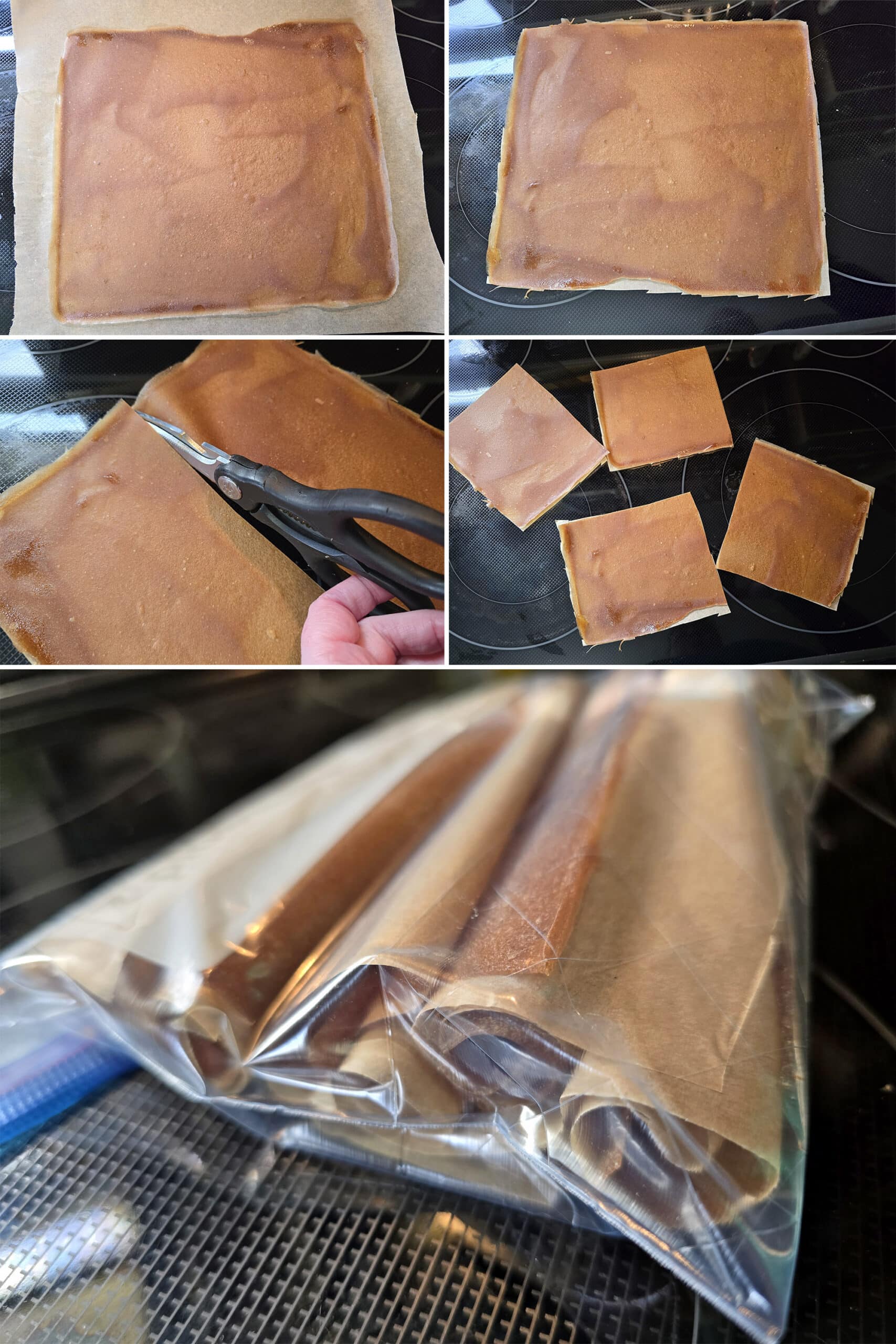 5 part image showing homemade apple cinnamon fruit leather being stuck to parchment paper, rolled, and stored in a Ziplock baggie.