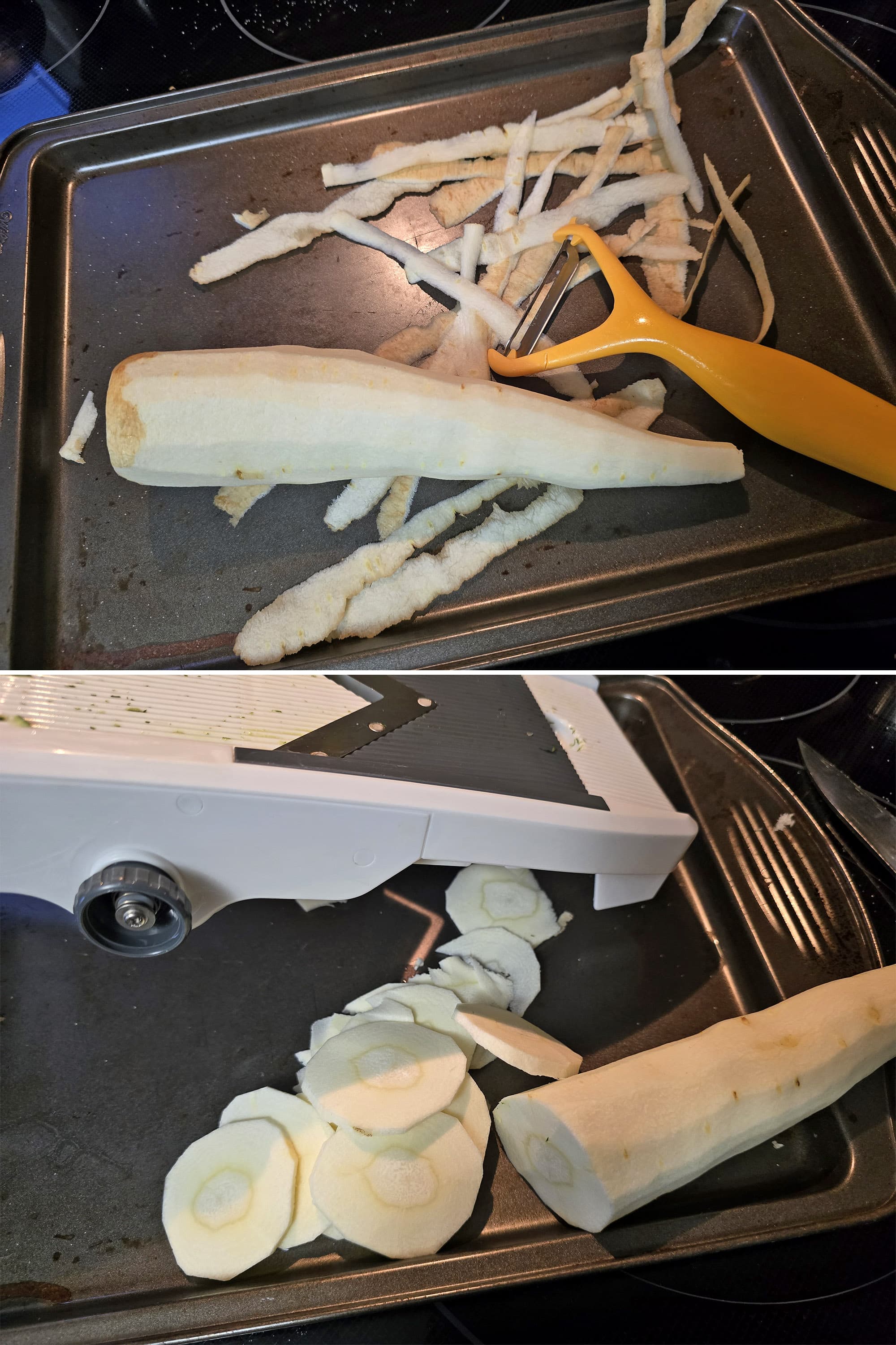 2 part image showing parsnips being peeled and cut into slices with a mandolin slicer.