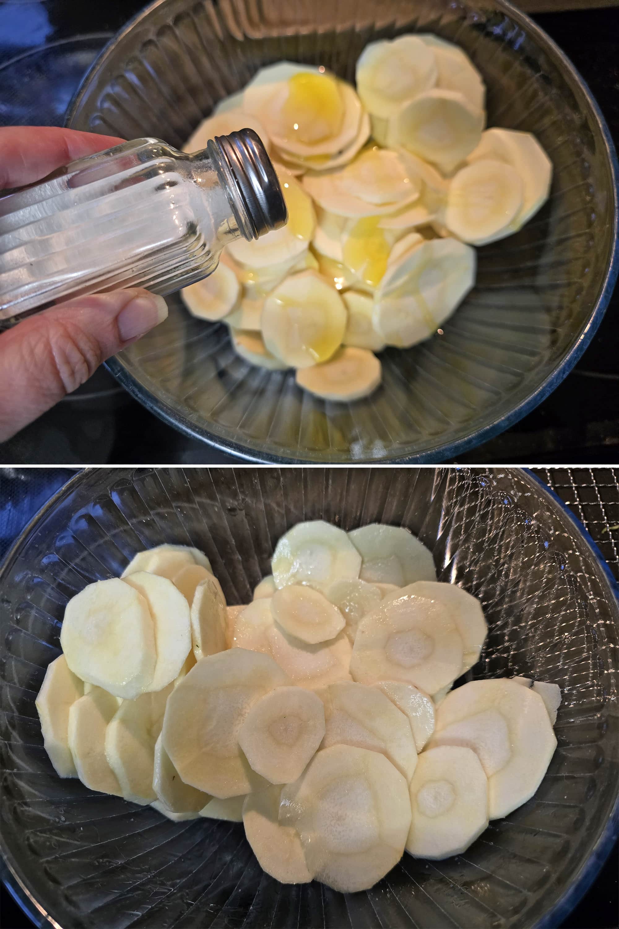 2 part image showing parsnip slices having olive oil and salt mixed in.