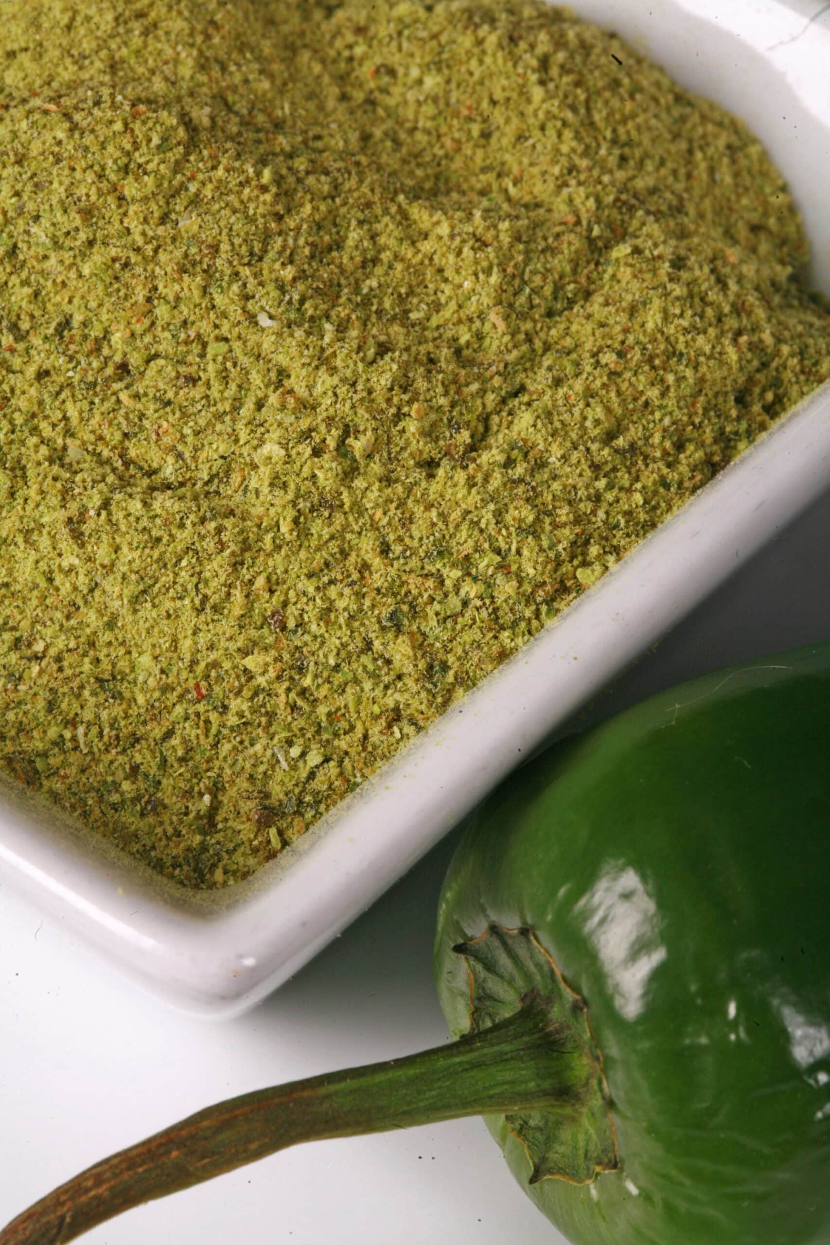 A small bowl of powdered jalapeno peppers.