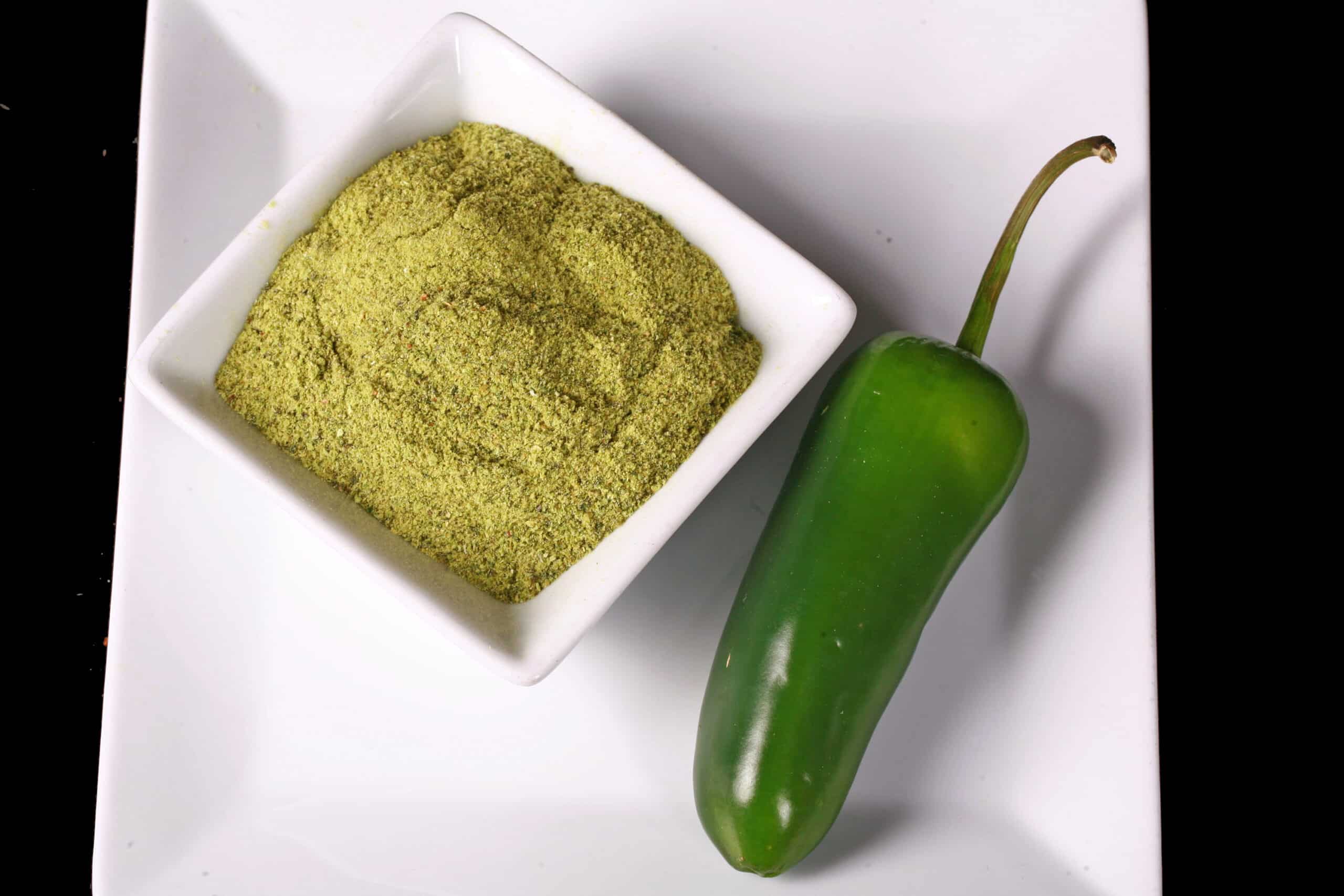 A small bowl of homemade jalapeno powder.