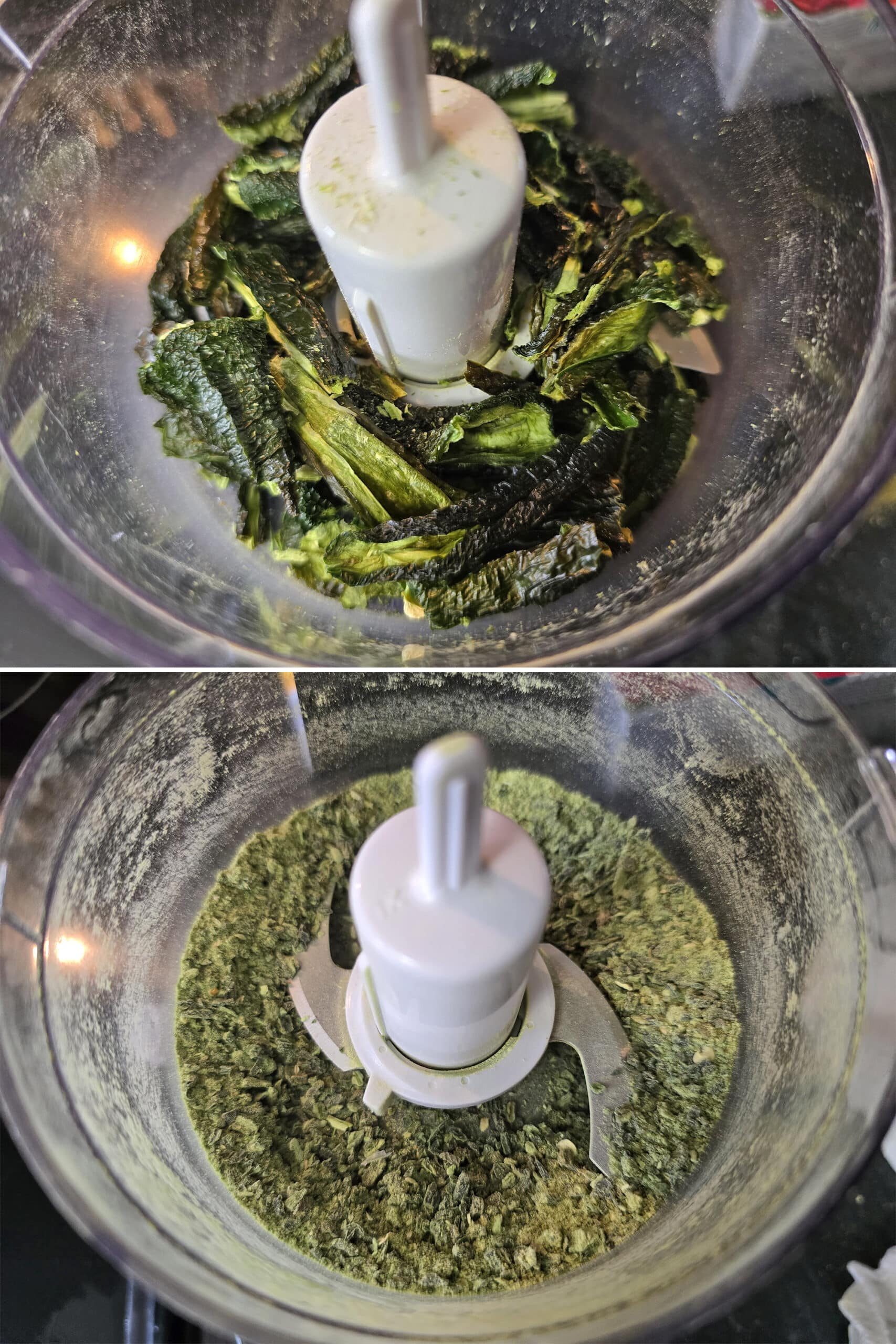 2 part image showing dehydrated jalapenos being ground to a powder in a mini food processor.