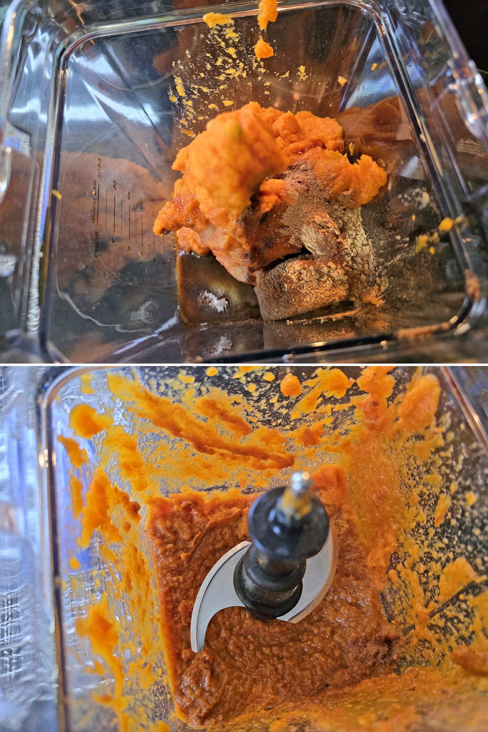 2 part image showing the ingredients being pureed in a blender