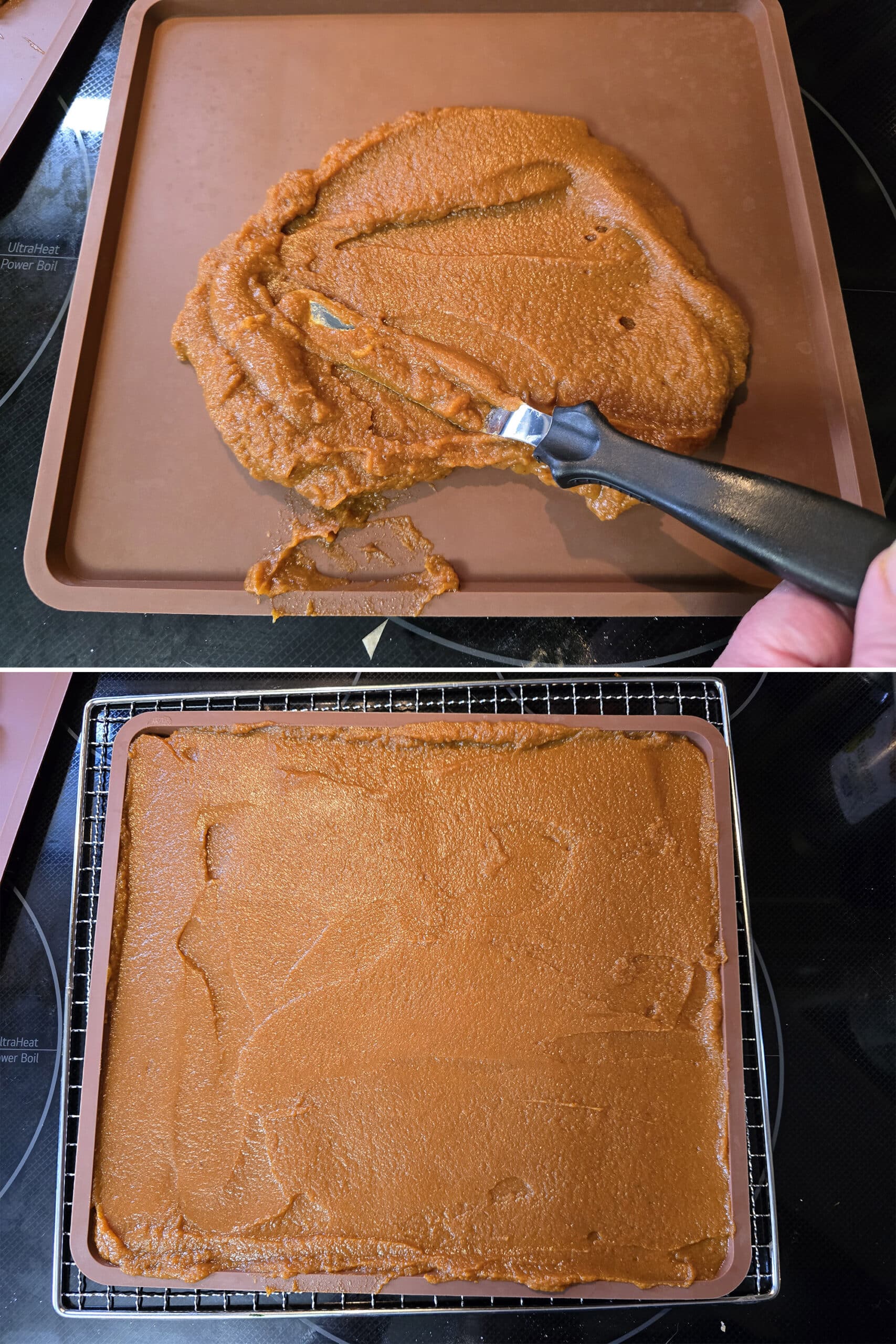 2 part image showing the spiced pumpkin puree being spread in a silicone tray.