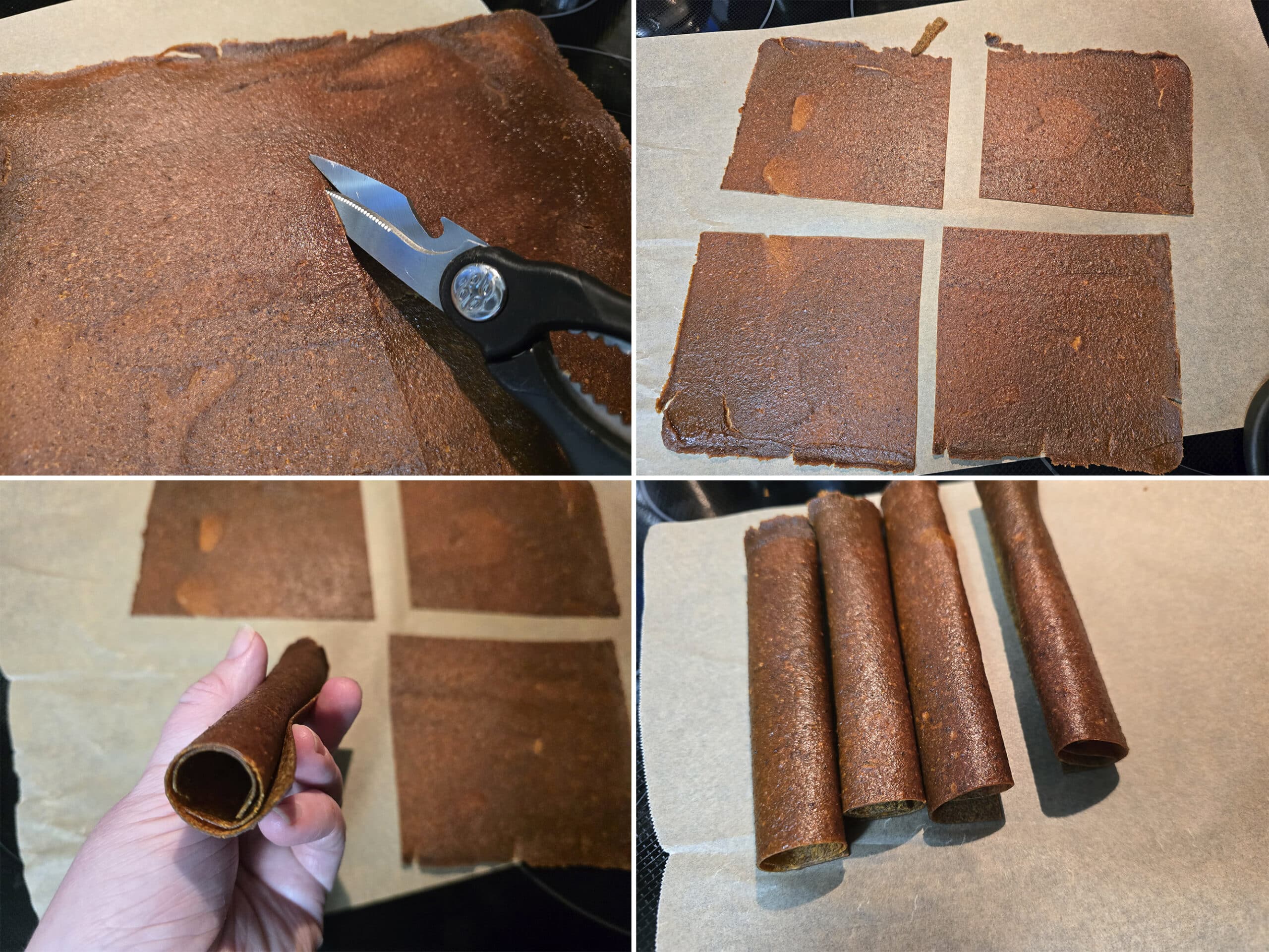 4 part image showing a sheet of pumpkin fruit leather being cut into 4 pieces and rolled.