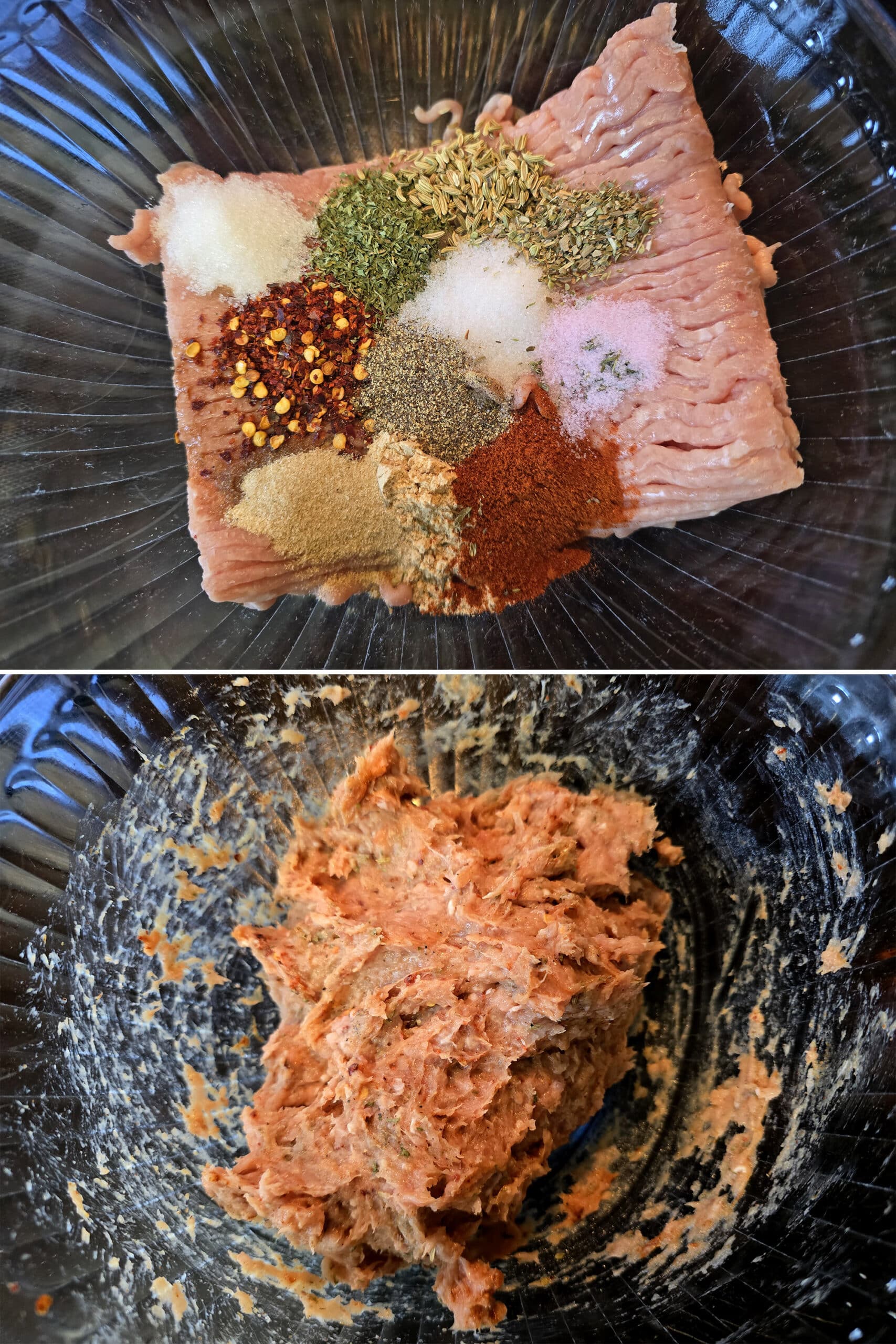 2 part image showing ground chicken being mixed with italian sausage spices.
