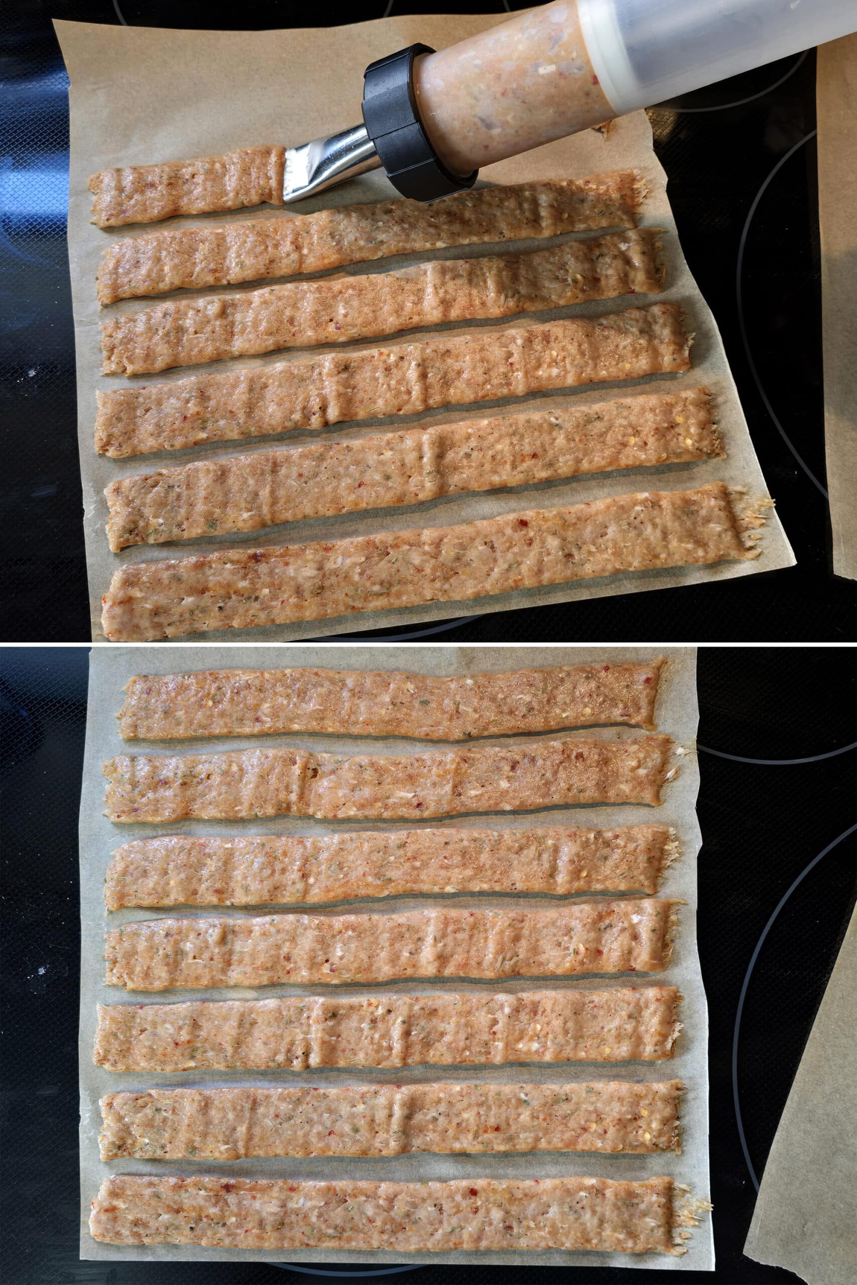 2 part image showing italian sausage mixture being piped out into strips on parchment.