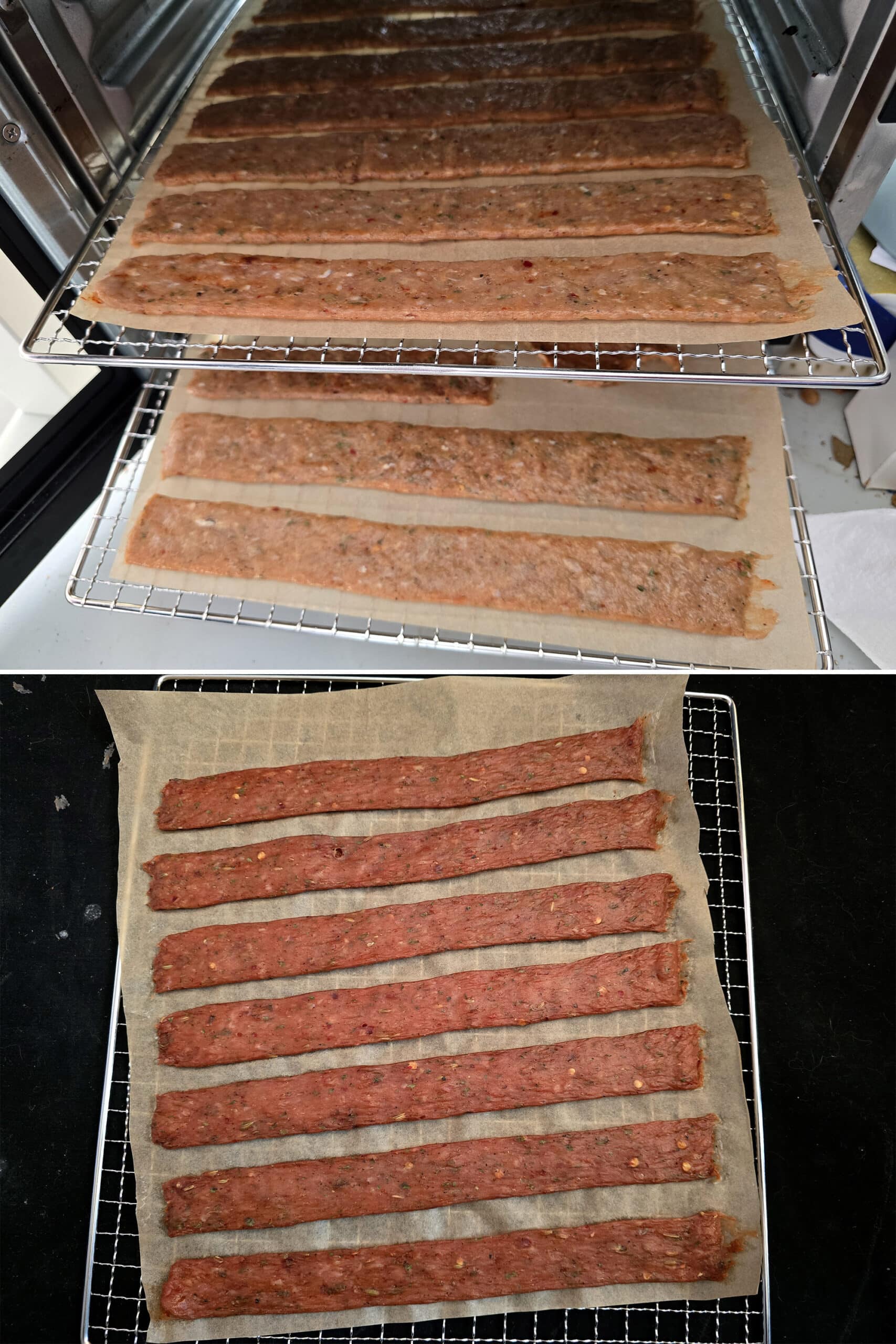 2 part image showing racks of raw spicy italian sausage jerky in a food dehydrator, and a rack of the jerky after a round of drying.