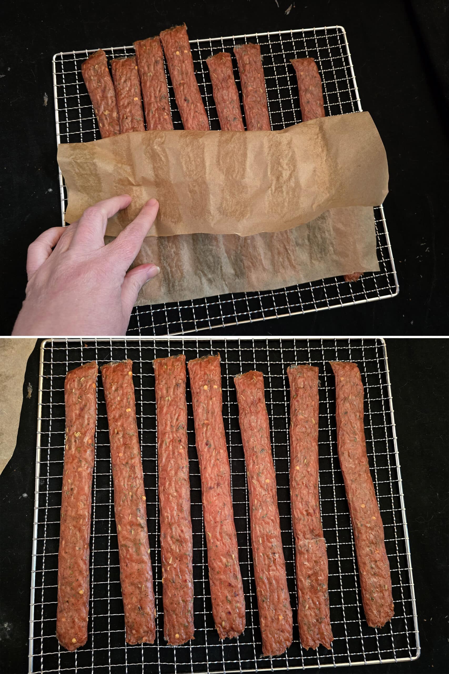 2 part image showing the parchment paper being pulled off a rack of spicy italian sausage jerky.