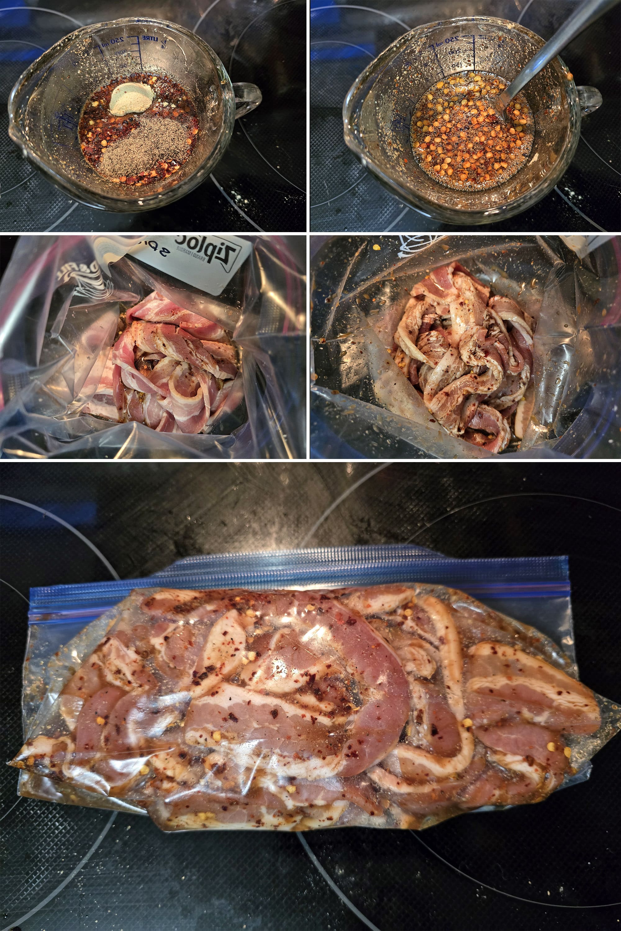 5 part image showing sweet and spicy marinade being mixed up, poured into a baggie of thick cut bacon, and sealed.
