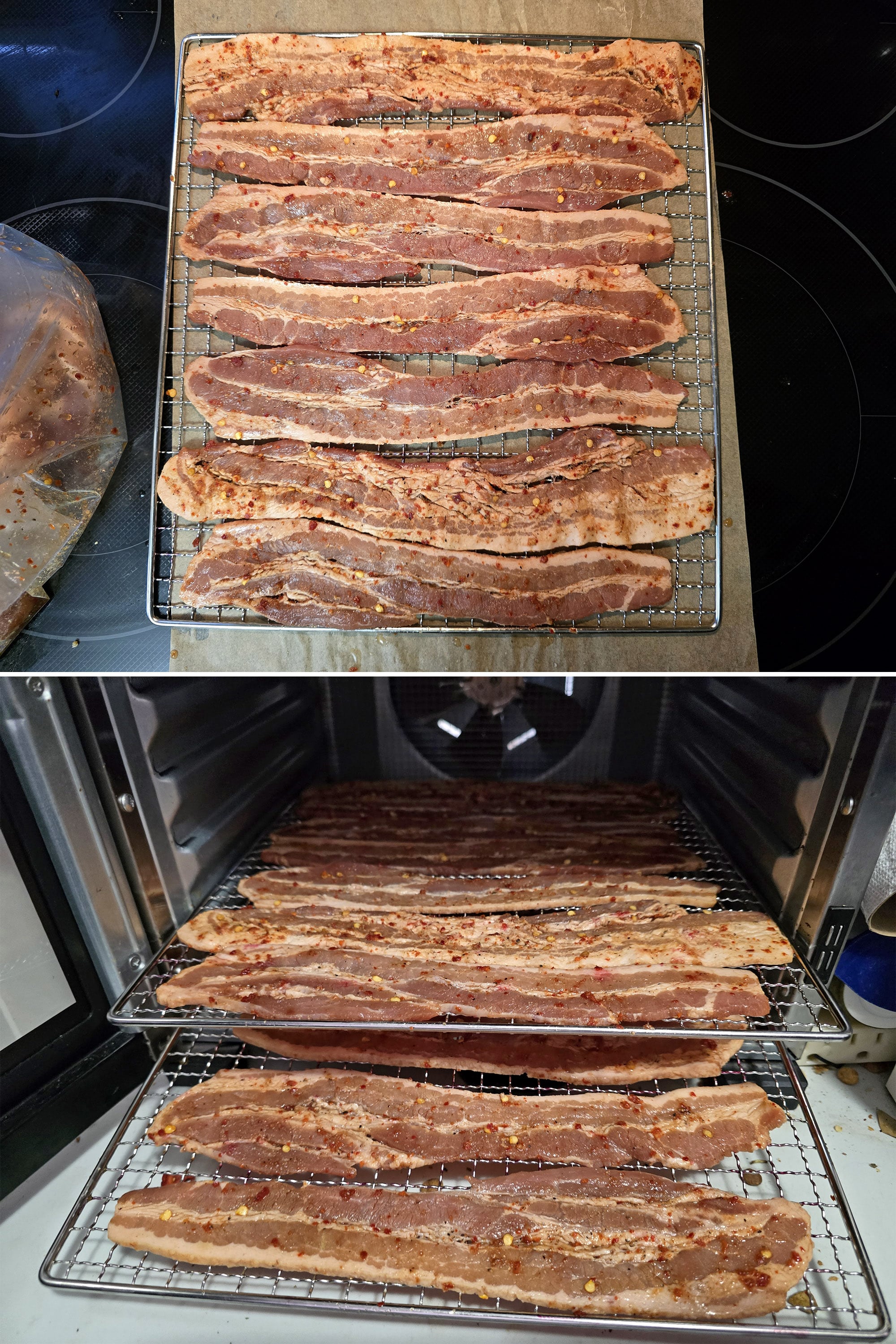 A rack of sweet and spicy marinated bacon, and two racks of the marinated bacon in a food dehydrator.