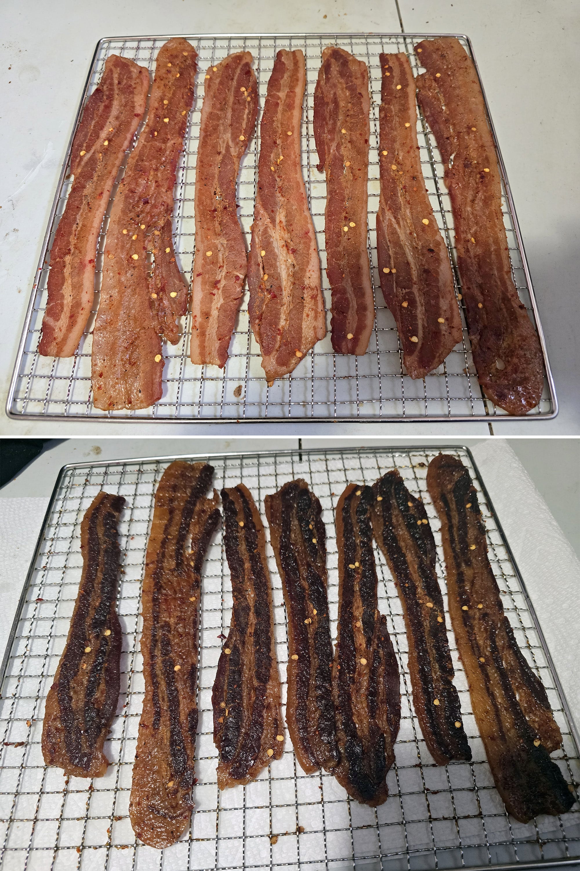 2 part image showing a rack of sweet and spicy bacon jerky before and after the final dry time.
