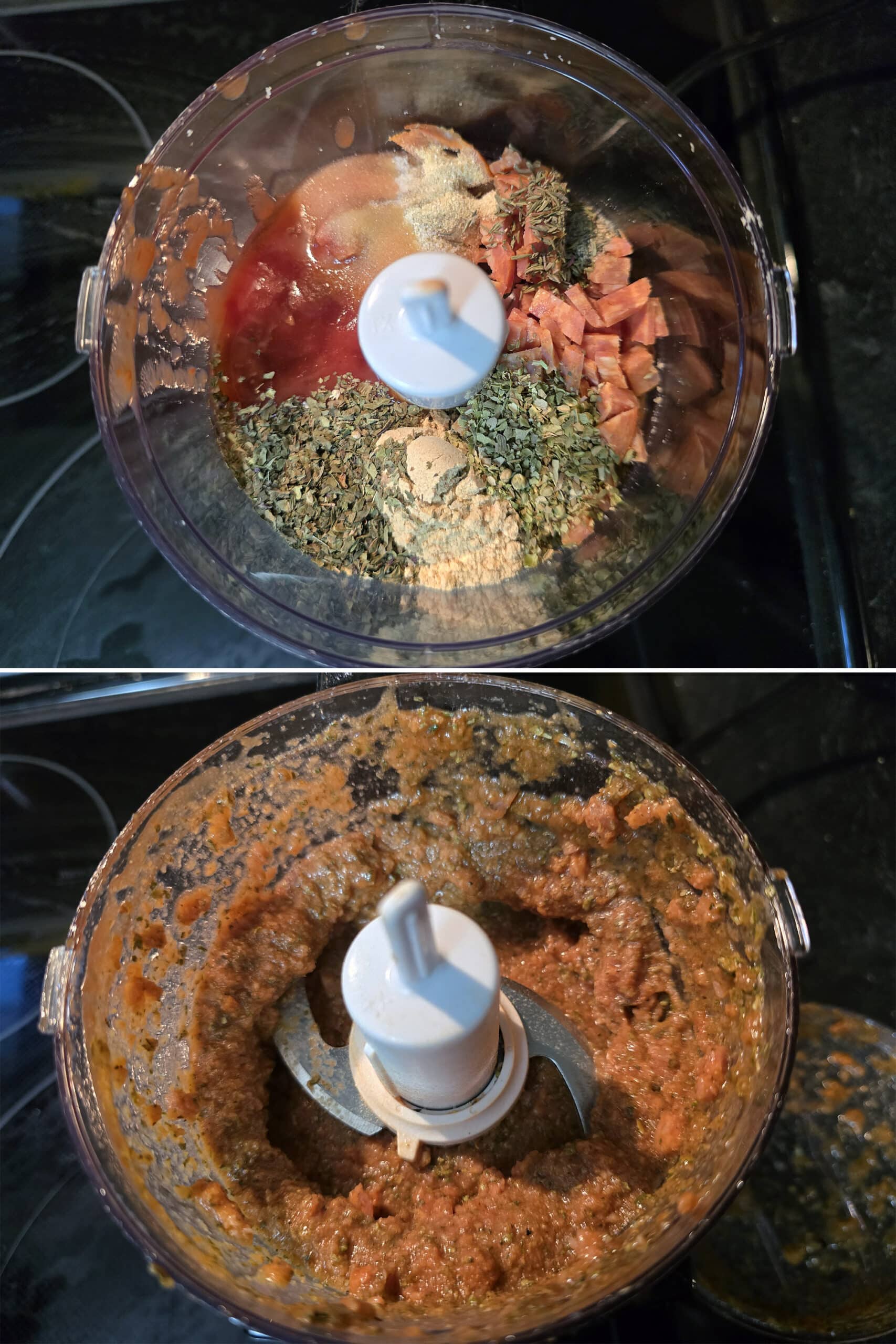 2 part image showing tomato sauce, pepperoni, and spices being blended into a thick paste.