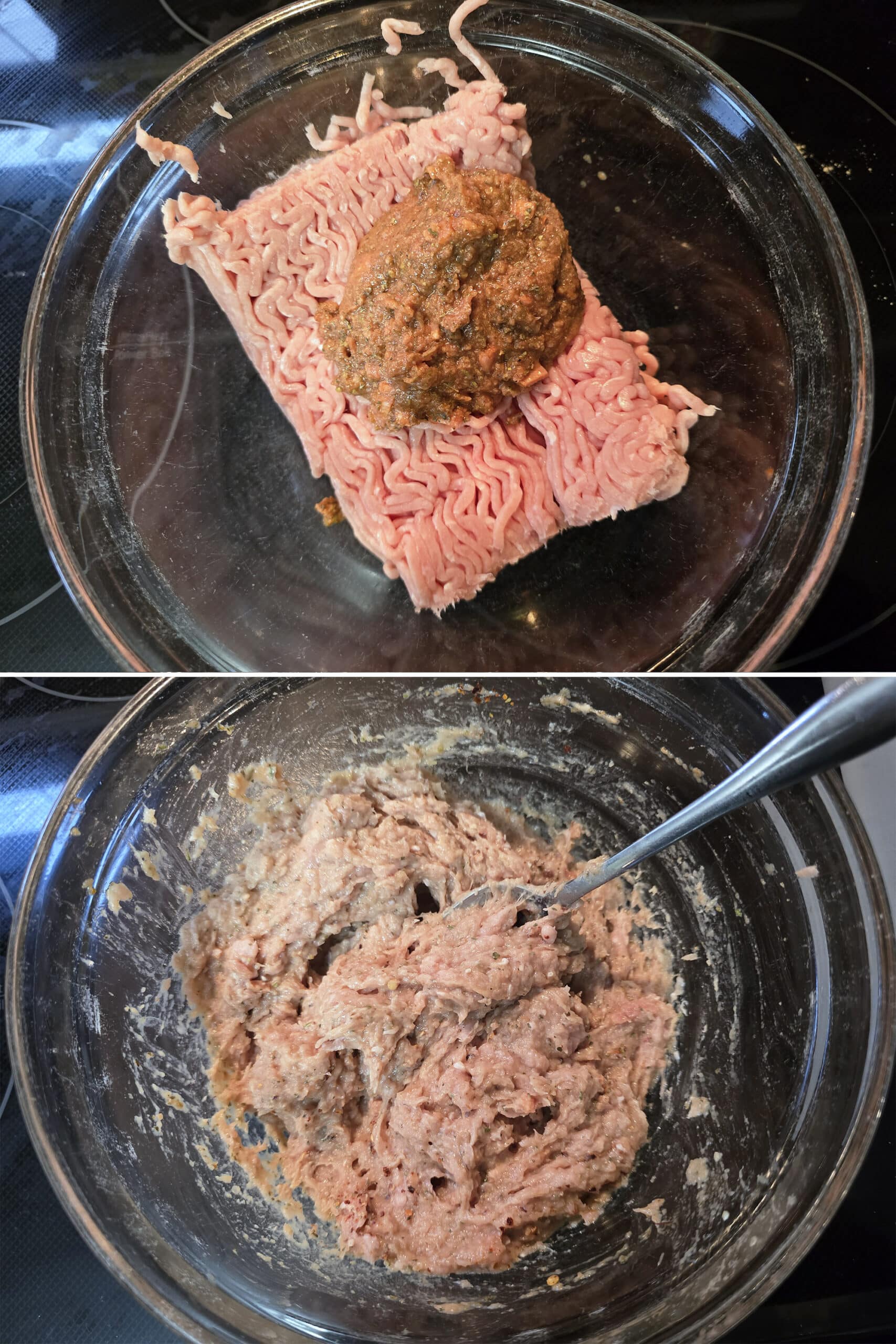 2 part image showing the tomato and pepperoni puree being mixed in with the ground chicken.