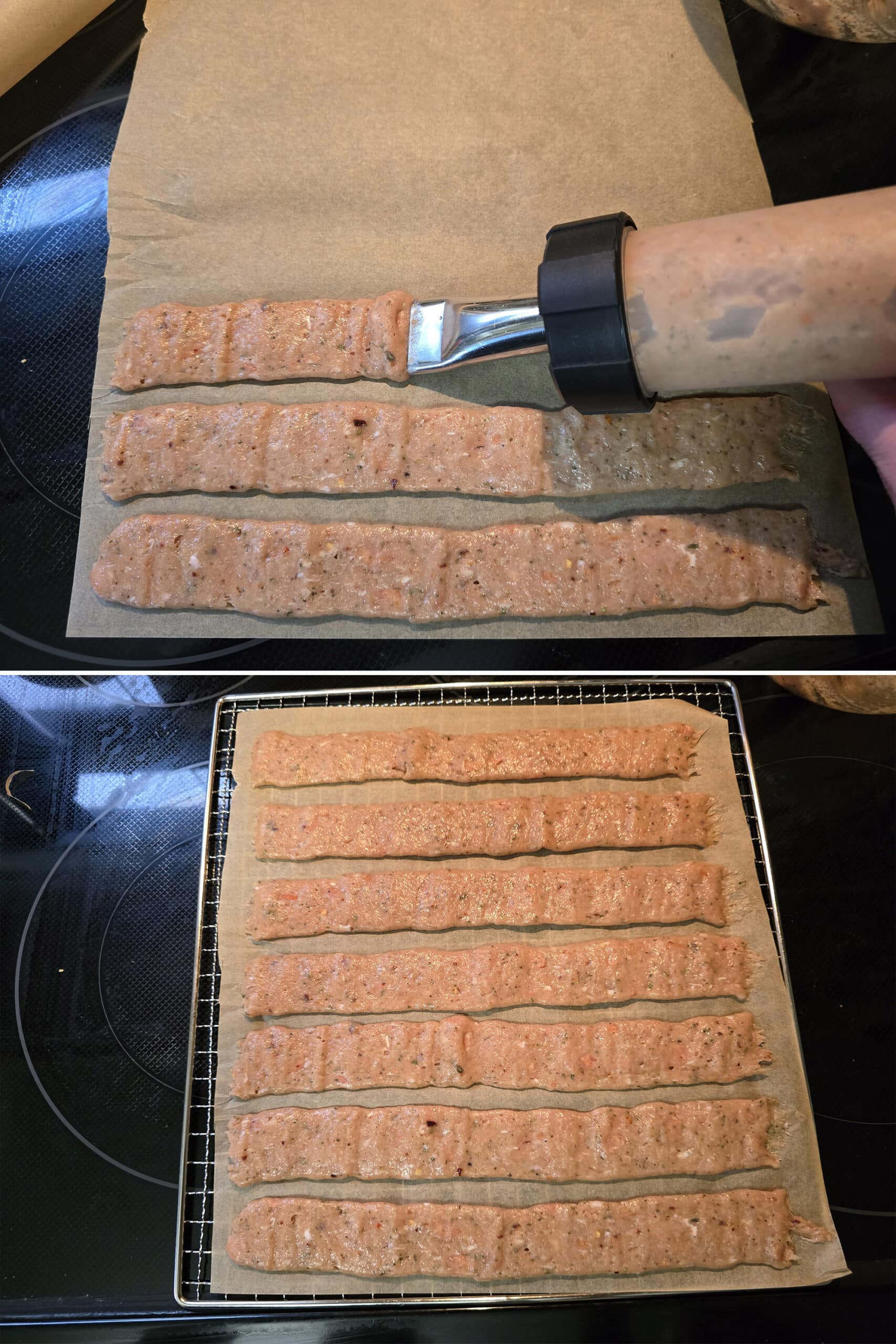 2 part image showing pizza chicken mixture being piped into strips on parchment paper.