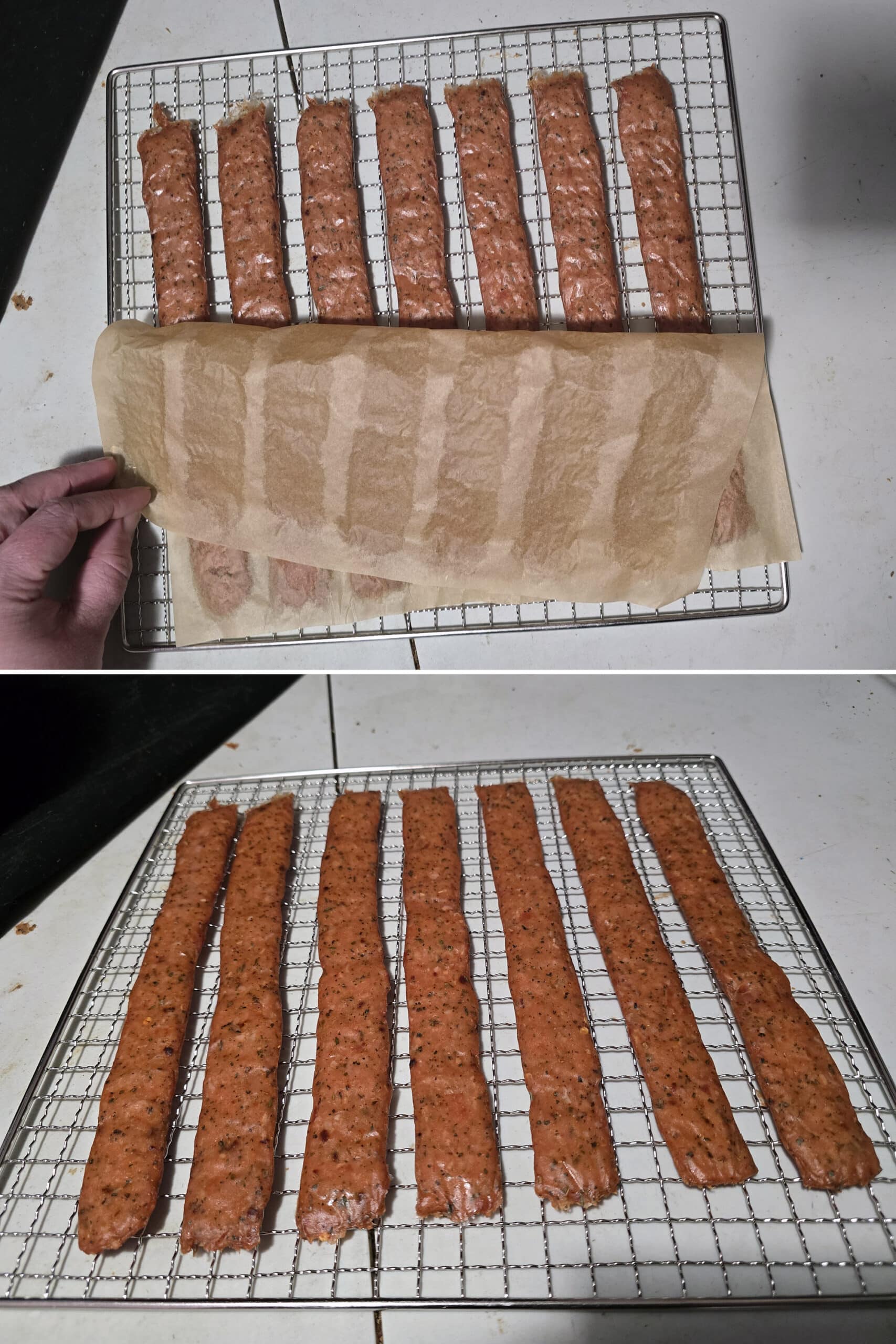 2 part image showing parchment being pulled off a tray of pizza chicken jerky.