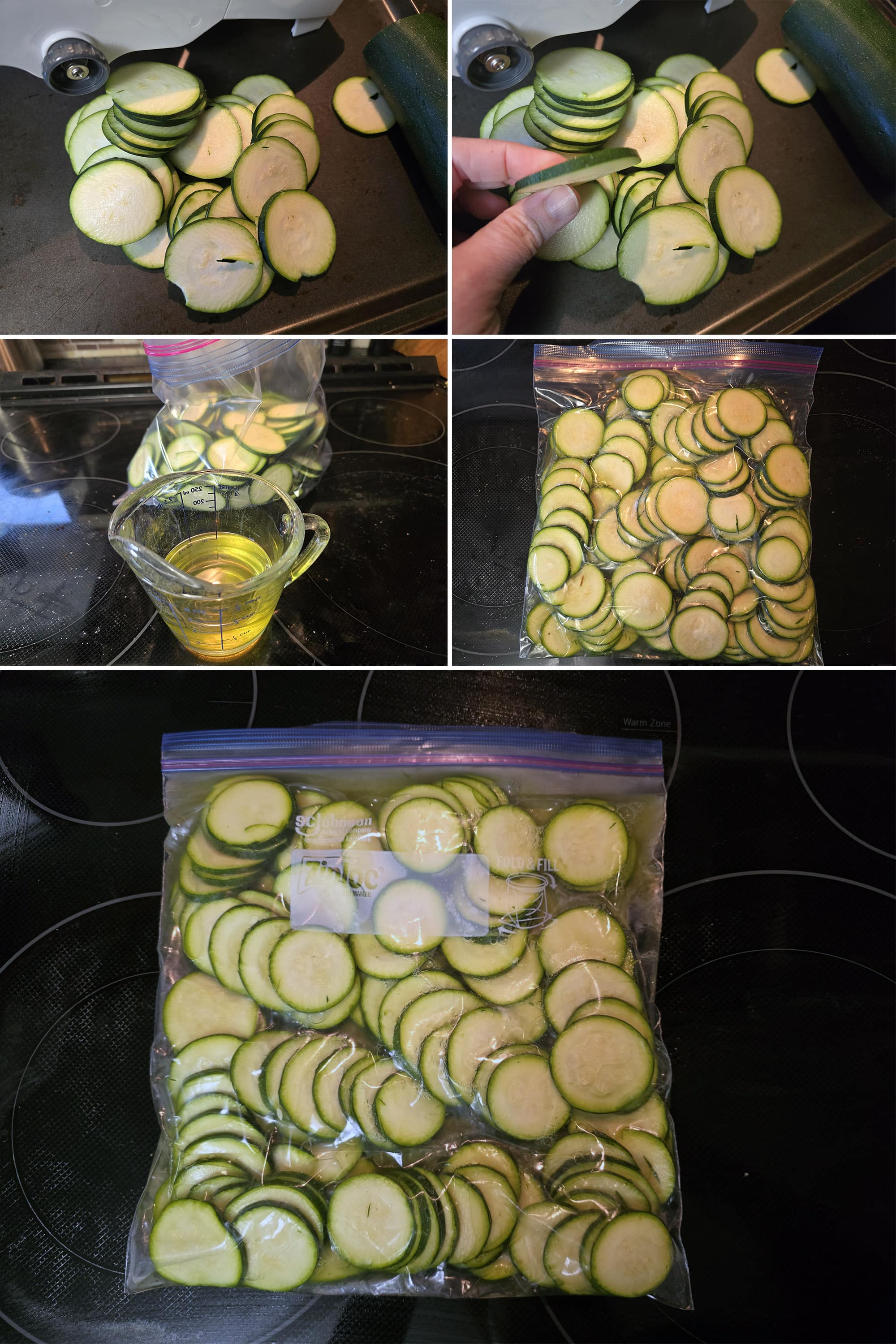 5 part image showing a mandoline slicer cutting zucchini chips, then the zucchini rounds marinated in a large bag with pickle brine.